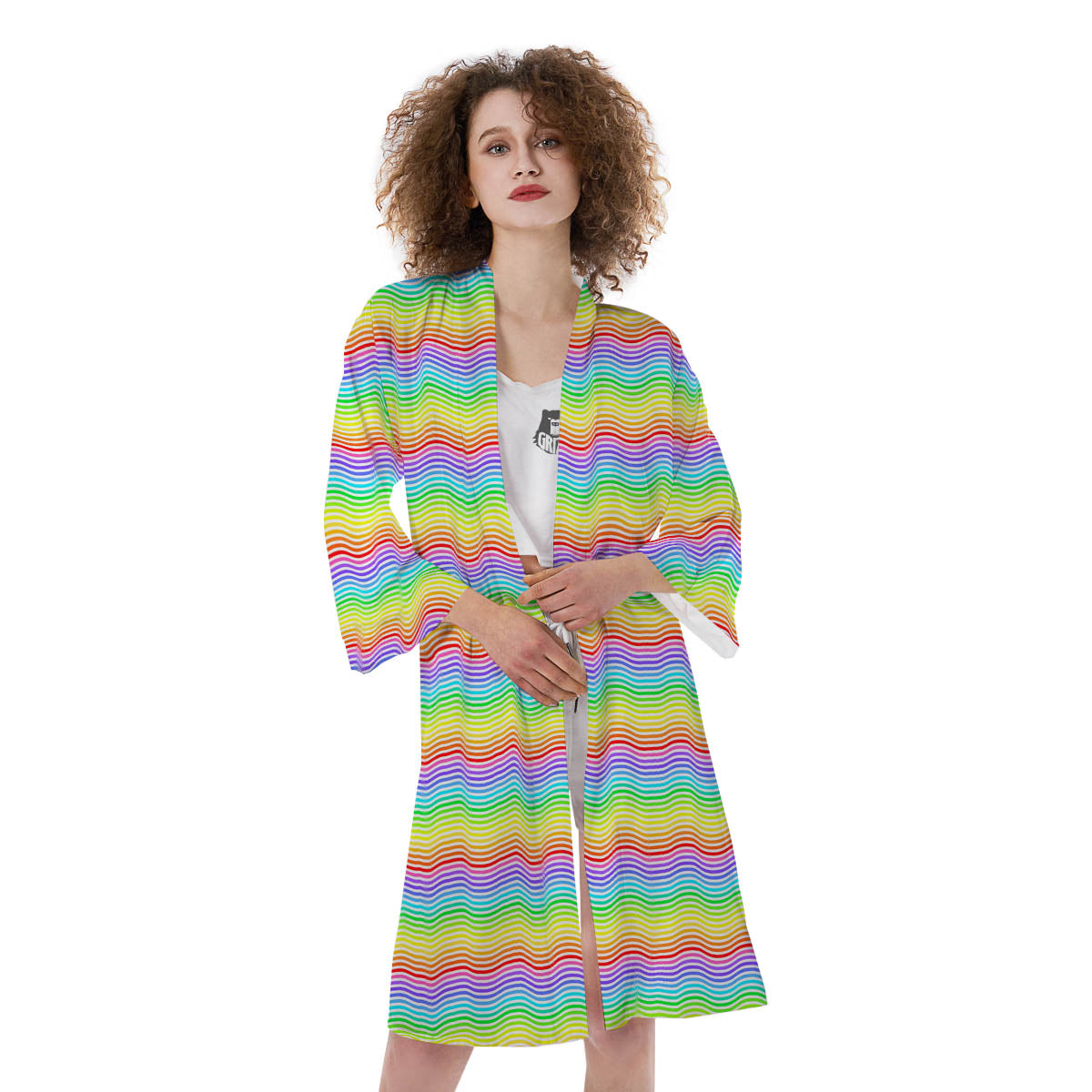Rainbow Curved Print Pattern Kimono-grizzshop