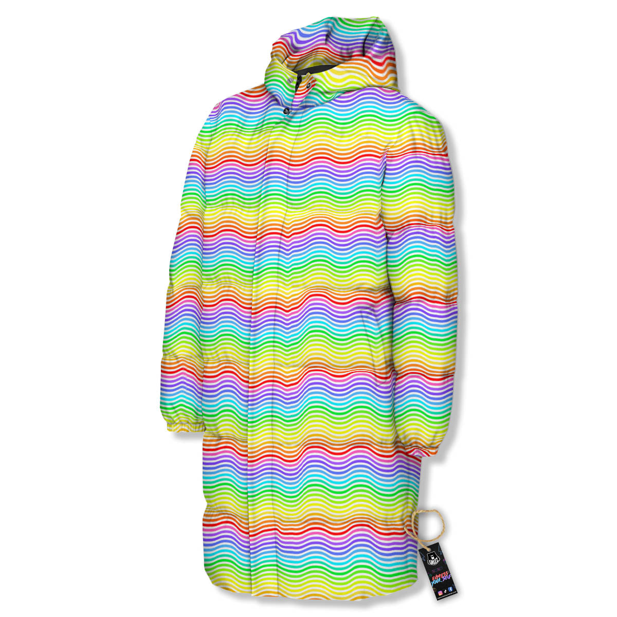 Rainbow Curved Print Pattern Long Down Jacket-grizzshop