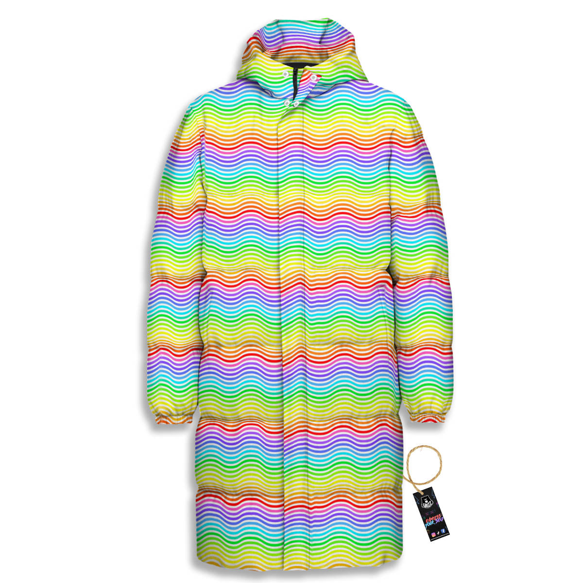 Rainbow Curved Print Pattern Long Down Jacket-grizzshop