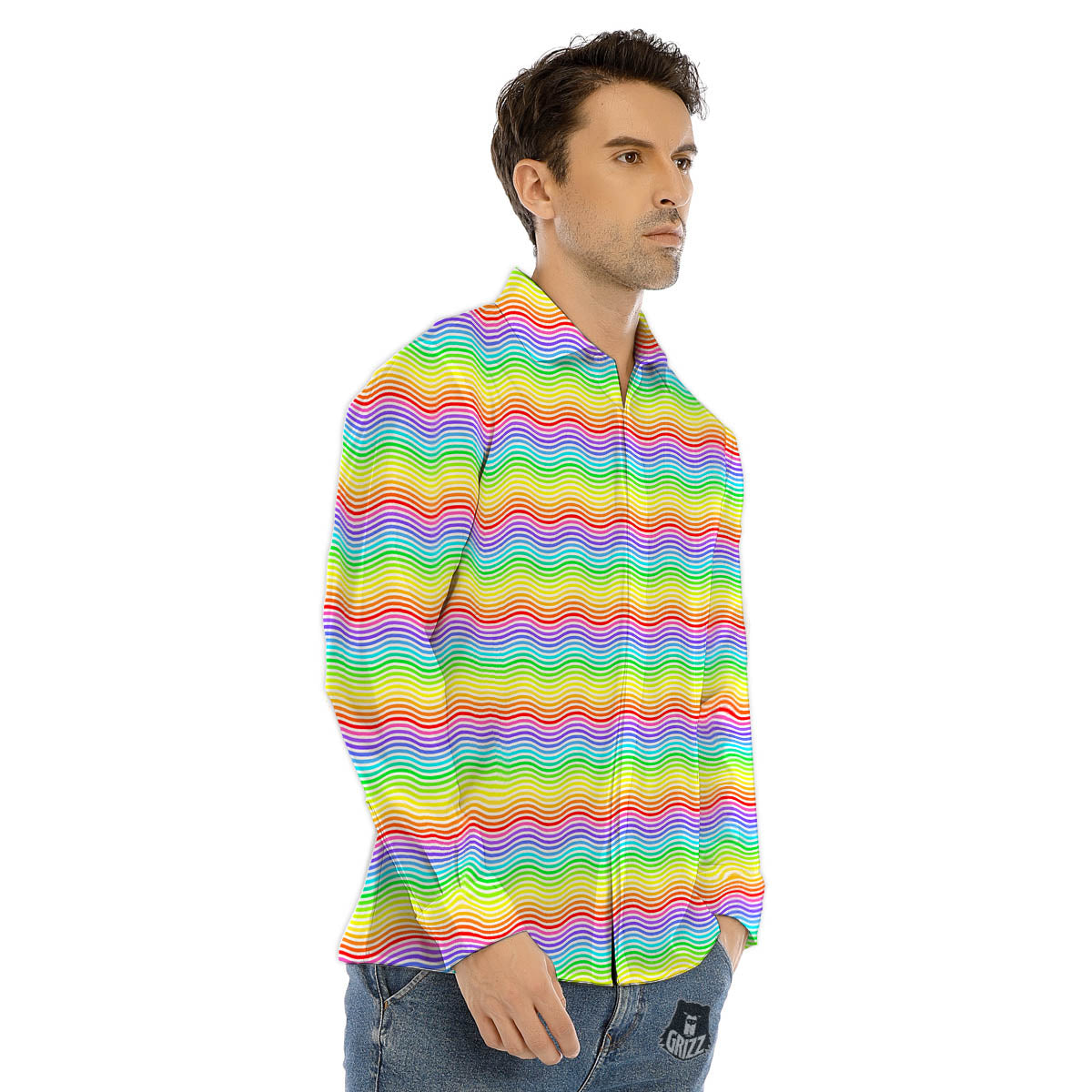 Rainbow Curved Print Pattern Men's Dress Shirts-grizzshop