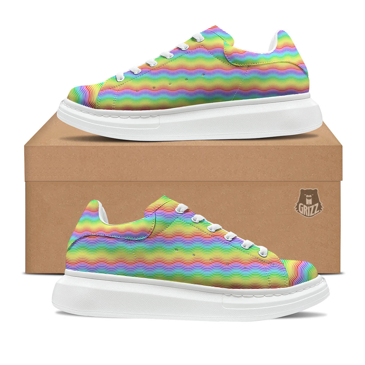 Rainbow Curved Print Pattern Platform Shoes-grizzshop
