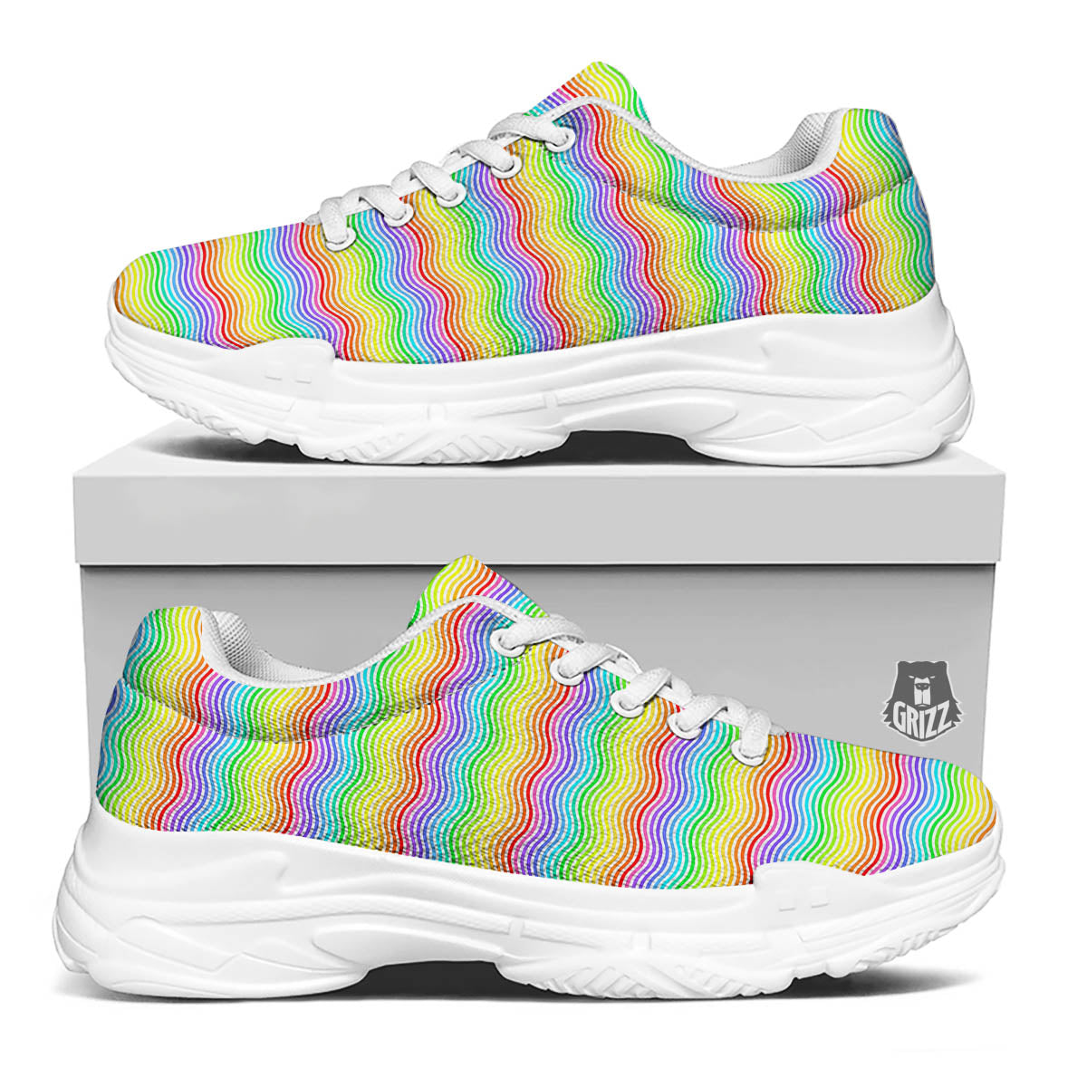 Rainbow Curved Print Pattern White Chunky Shoes-grizzshop