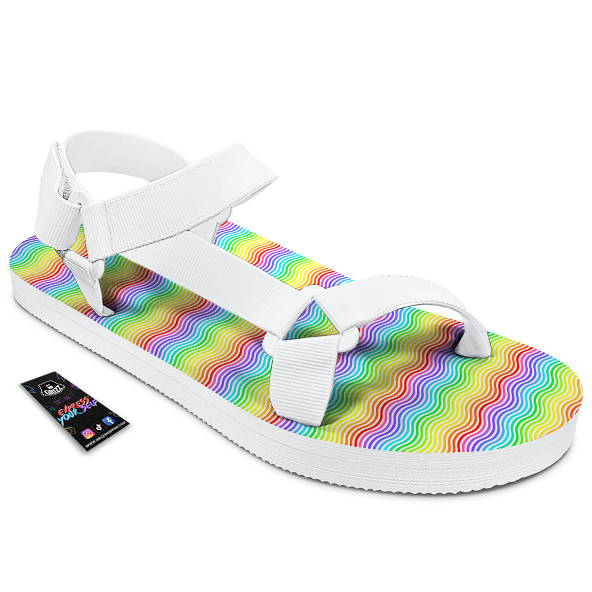 Rainbow Curved Print Pattern White Open Toe Sandals-grizzshop