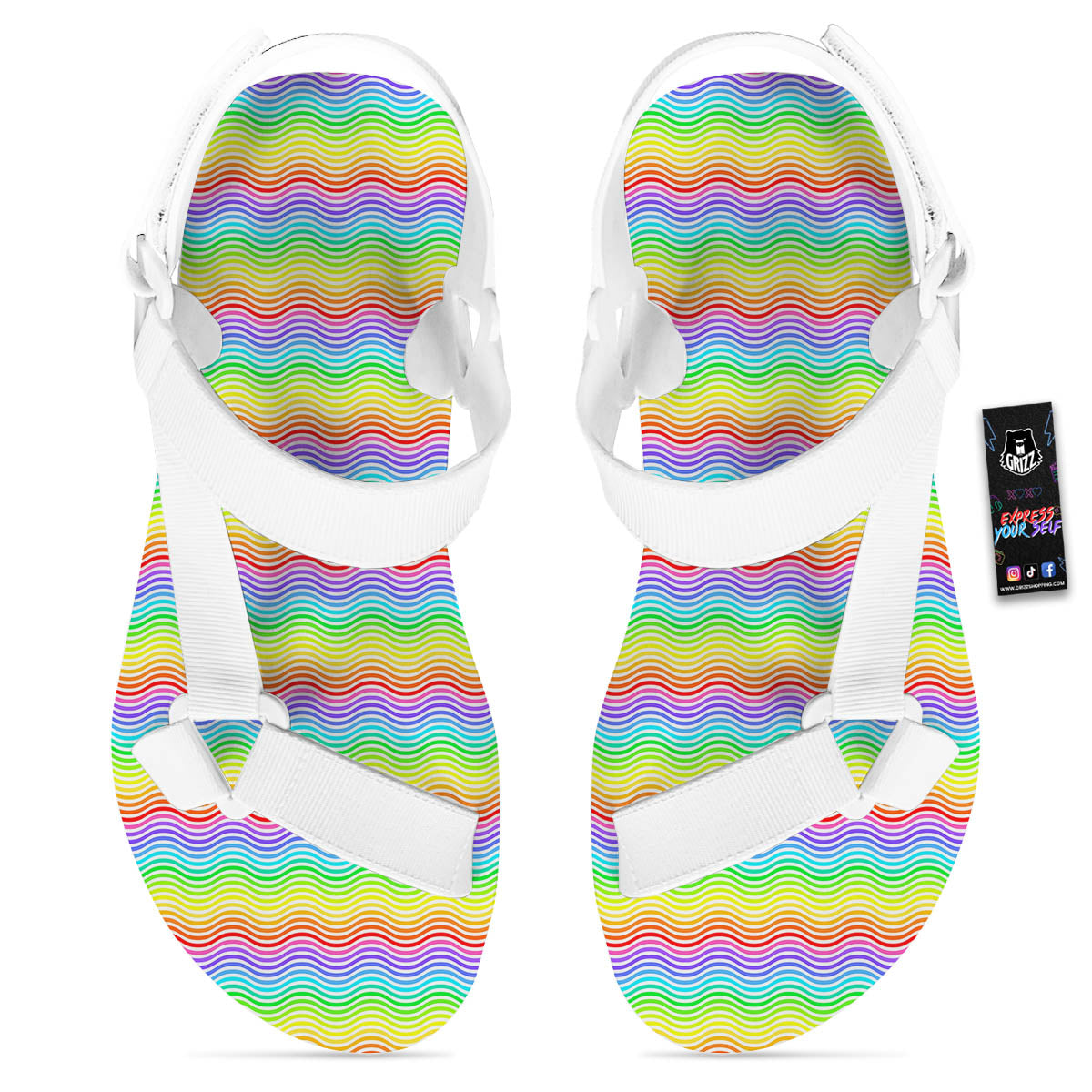 Rainbow Curved Print Pattern White Open Toe Sandals-grizzshop