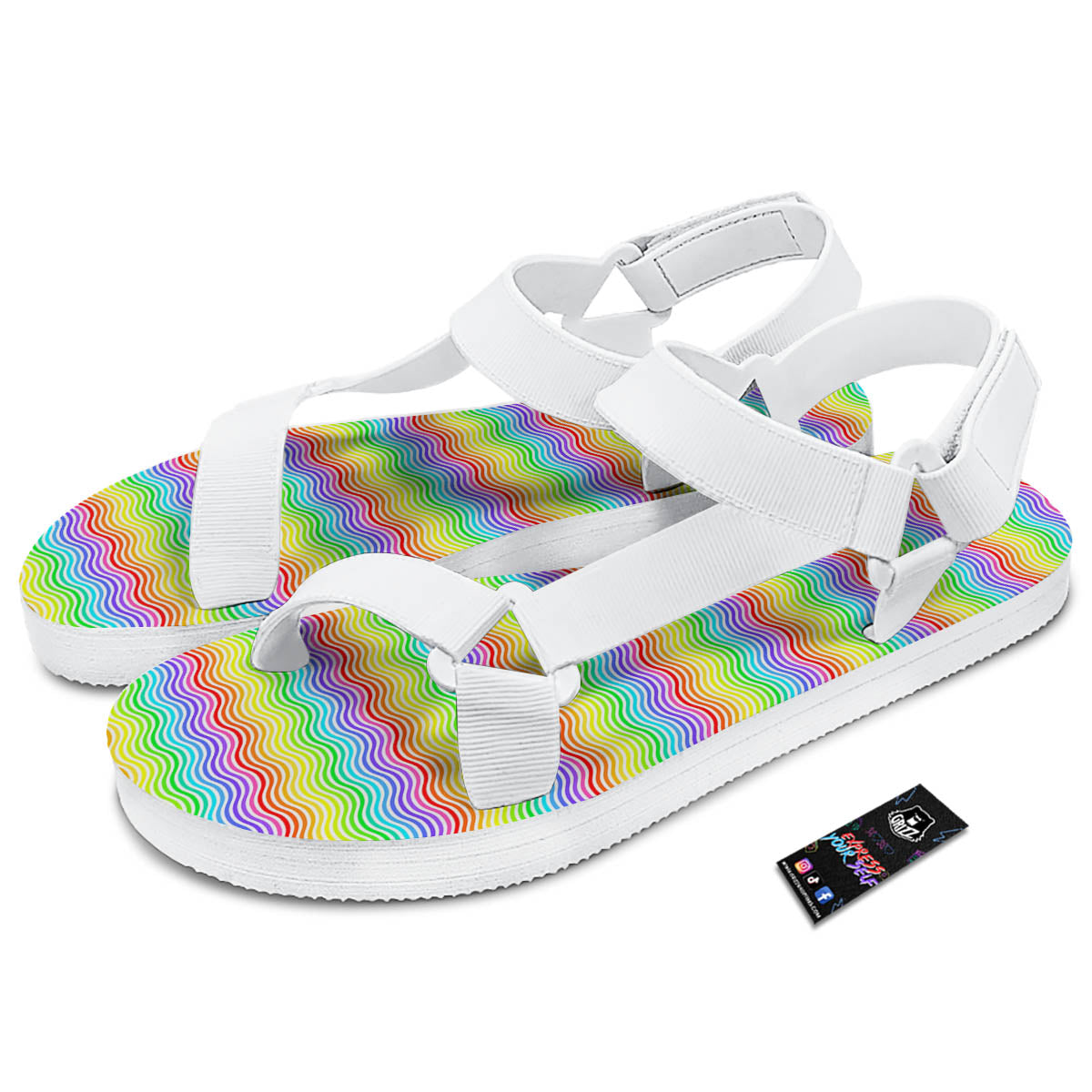 Rainbow Curved Print Pattern White Open Toe Sandals-grizzshop