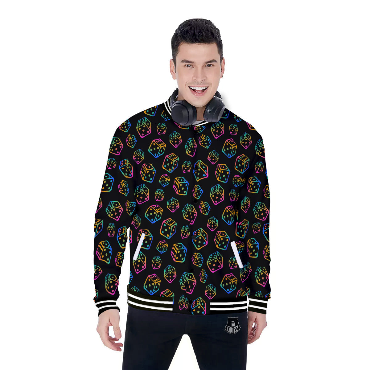 Rainbow Dice Print Pattern Baseball Jacket-grizzshop