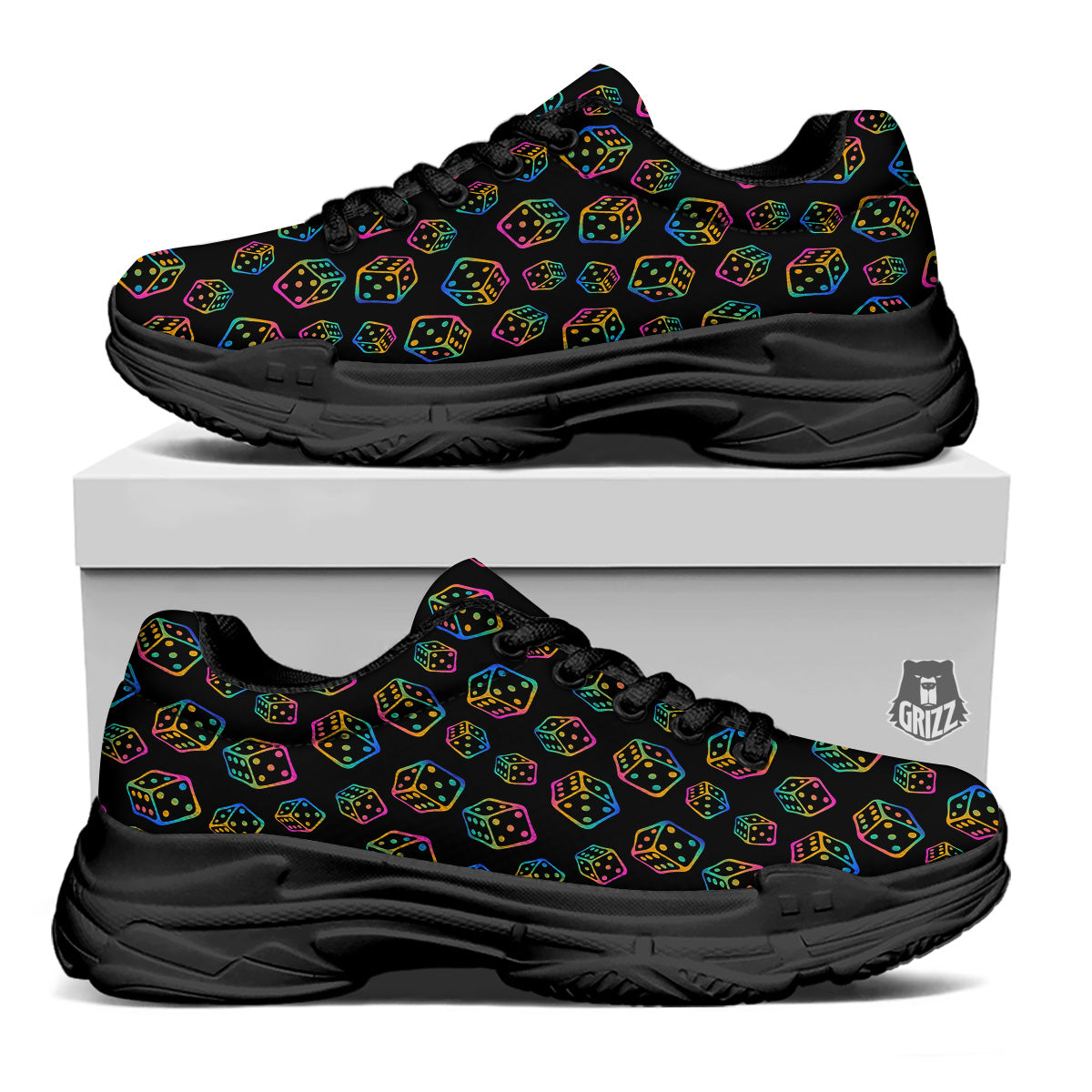 Rainbow Dice Print Pattern Black Chunky Shoes-grizzshop