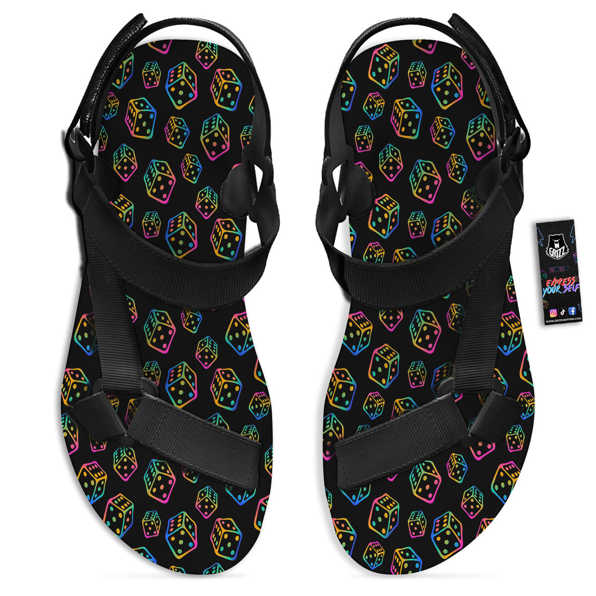 Rainbow Dice Print Pattern Black Open Toe Sandals-grizzshop