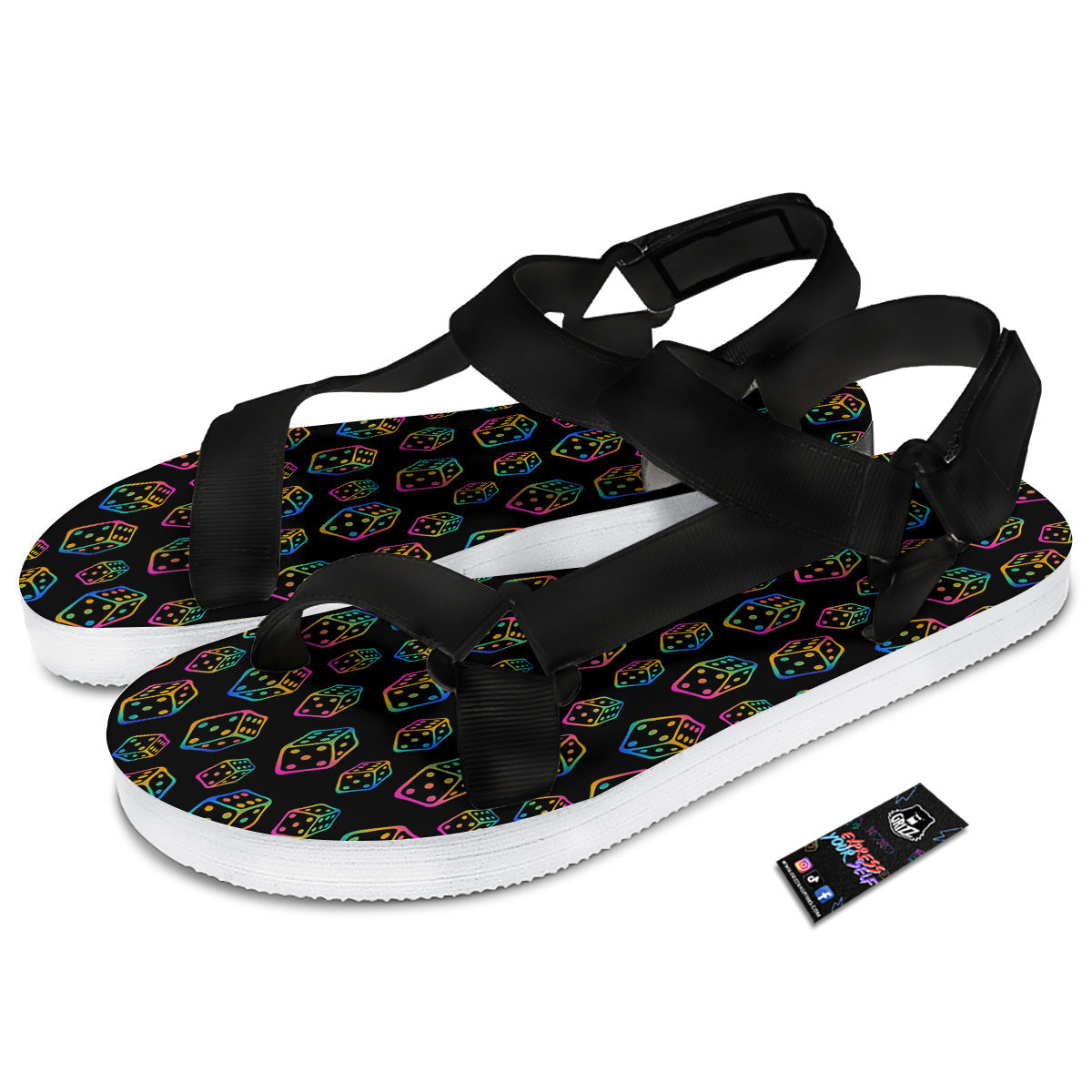 Rainbow Dice Print Pattern Black Open Toe Sandals-grizzshop