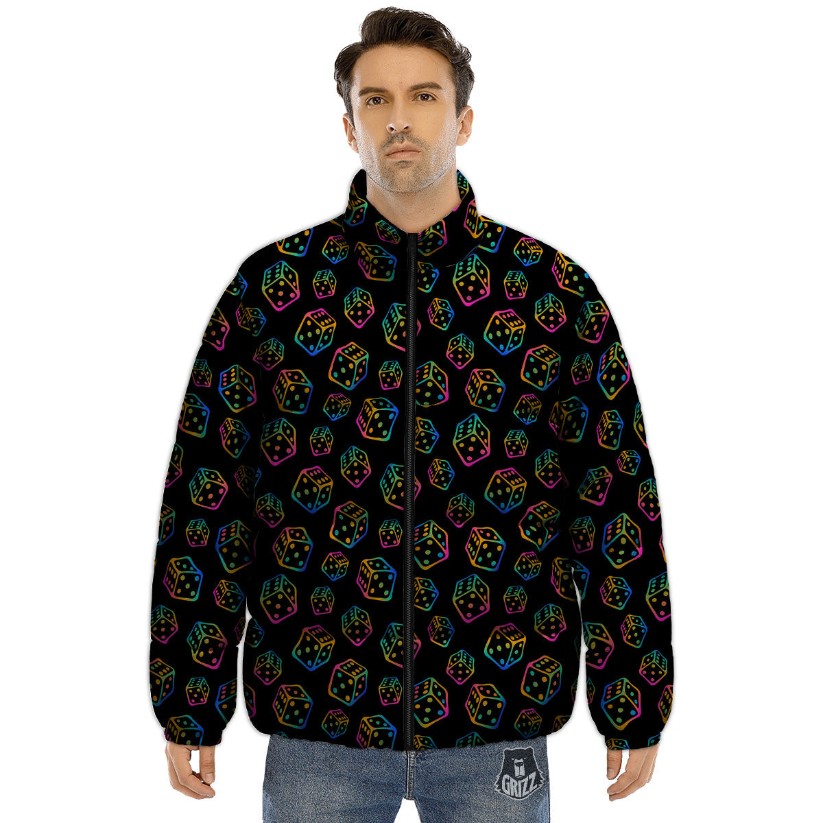 Rainbow Dice Print Pattern Puffer Jacket-grizzshop