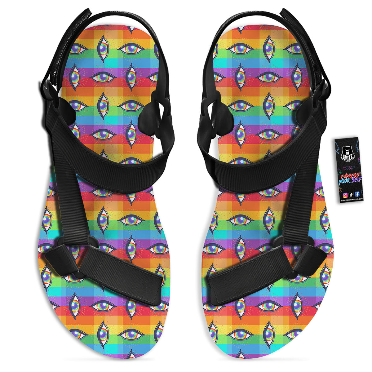 Rainbow Eyes LGBT Pride Print Pattern Black Open Toe Sandals-grizzshop