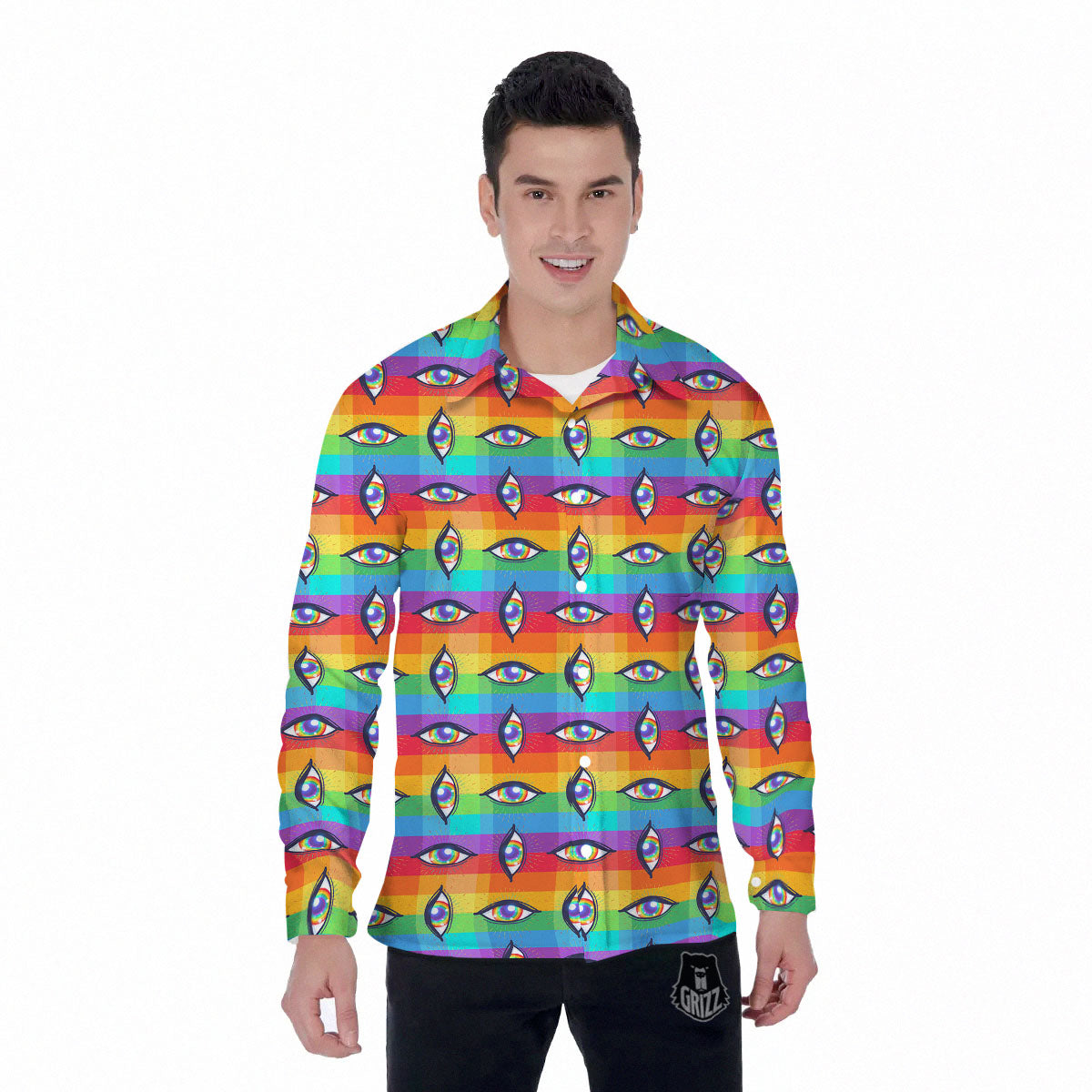 Rainbow Eyes LGBT Pride Print Pattern Men's Long Sleeve Shirts-grizzshop