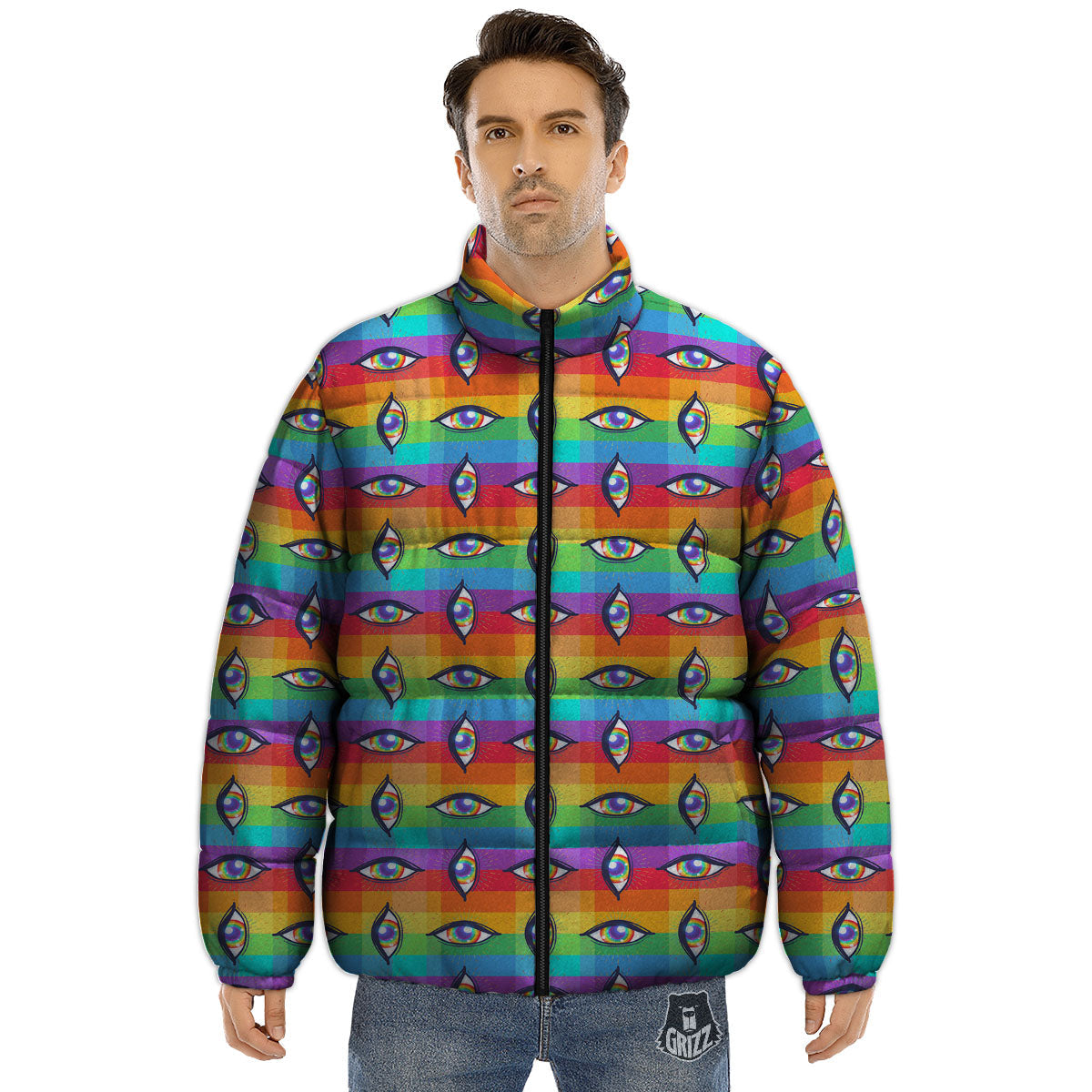 Rainbow Eyes LGBT Pride Print Pattern Puffer Jacket-grizzshop