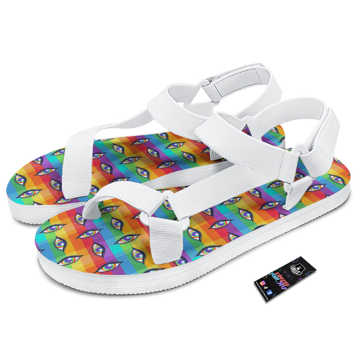 Rainbow Eyes LGBT Pride Print Pattern White Open Toe Sandals-grizzshop