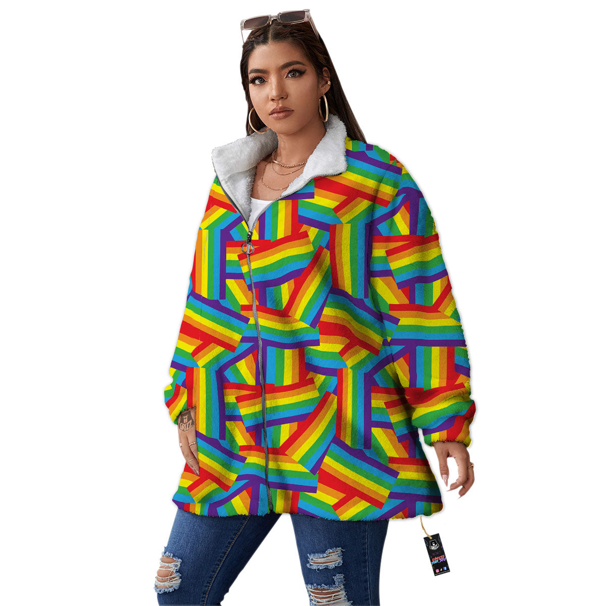 Rainbow Flag LGBT Pride Pattern Women's Sherpa Jacket-grizzshop