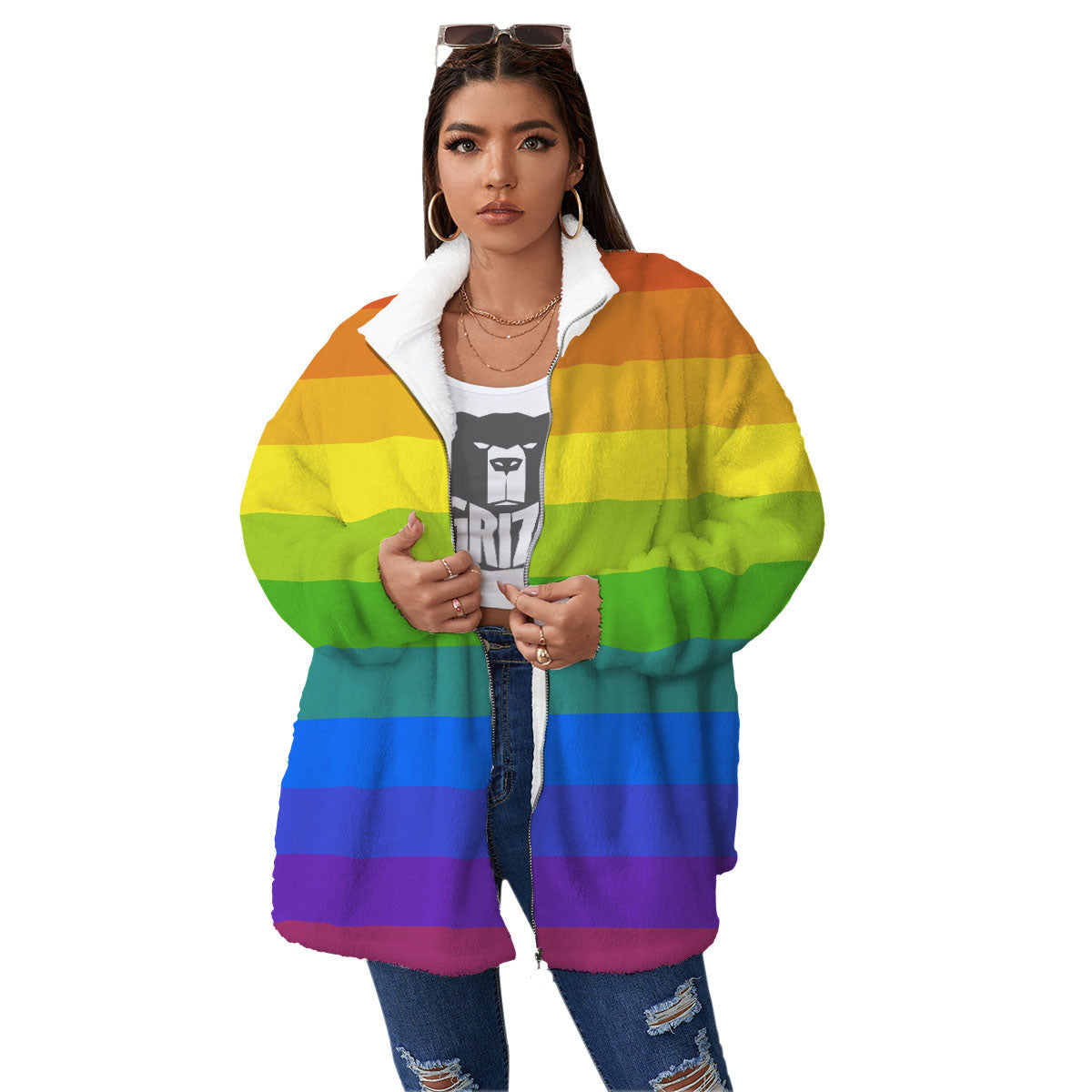 Rainbow Flag LGBT Pride Print Women's Sherpa Jacket-grizzshop