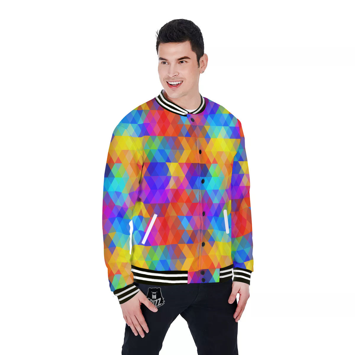 Rainbow Geometric Print Pattern Baseball Jacket-grizzshop