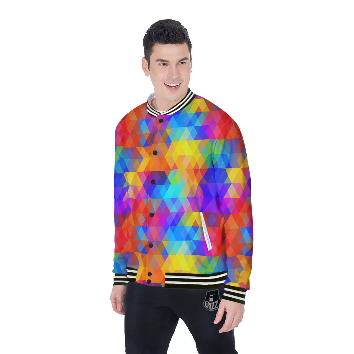Rainbow Geometric Print Pattern Baseball Jacket-grizzshop