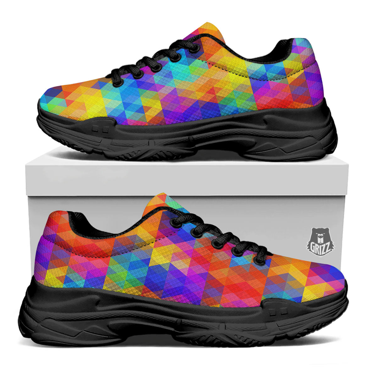 Rainbow Geometric Print Pattern Black Chunky Shoes-grizzshop