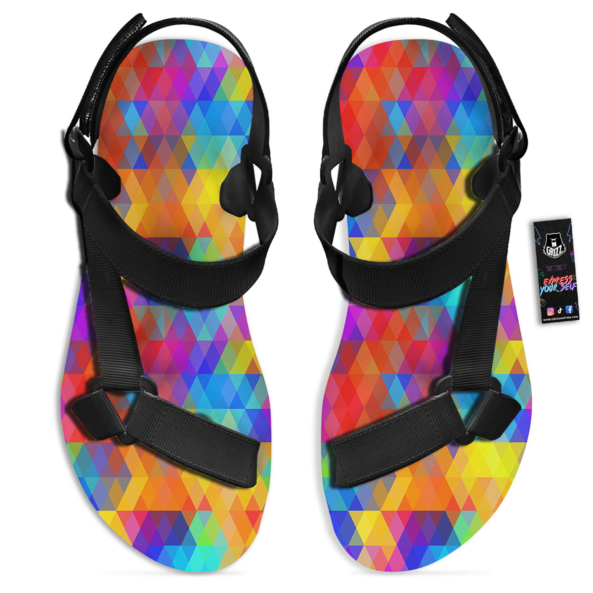 Rainbow Geometric Print Pattern Black Open Toe Sandals-grizzshop