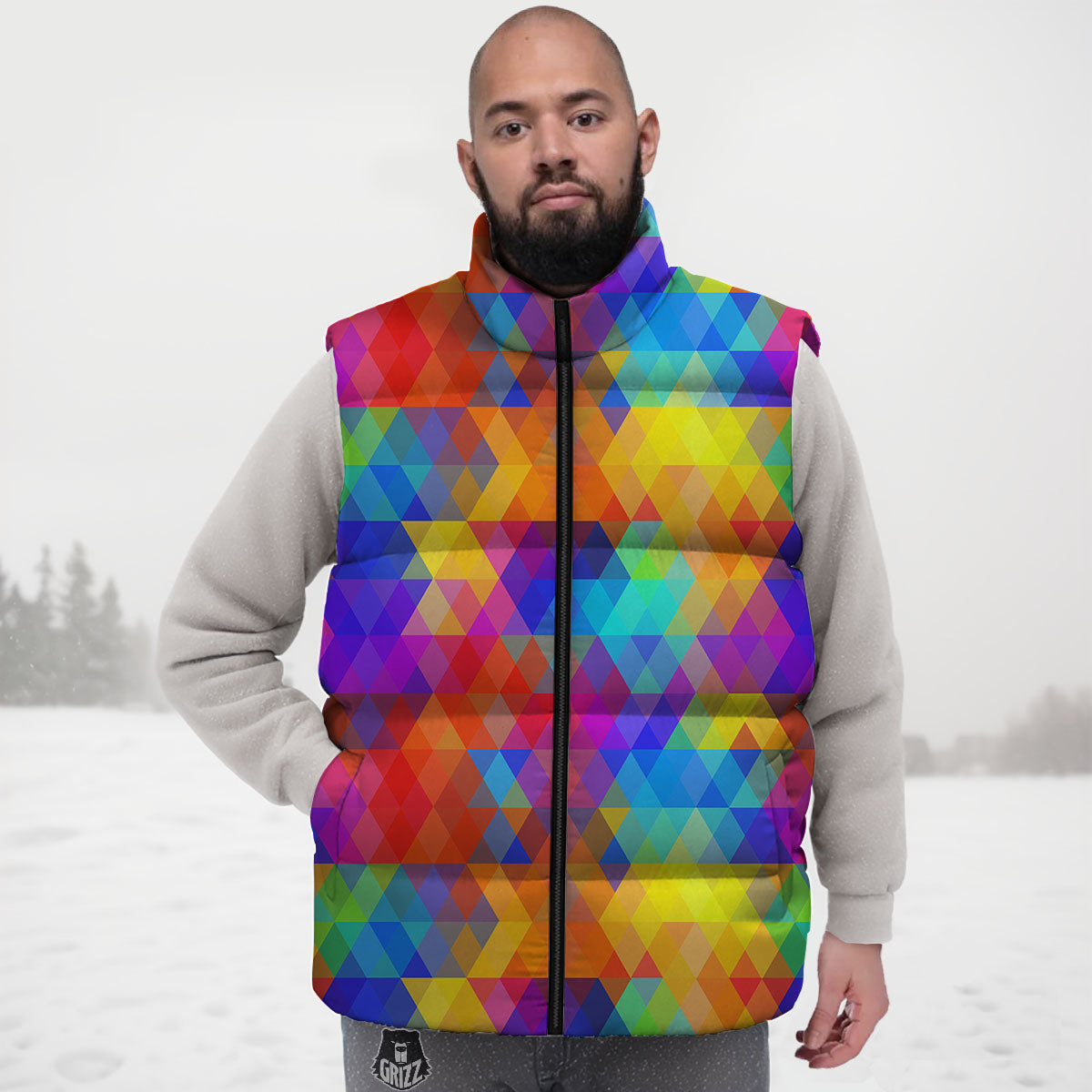 Rainbow Geometric Print Pattern Down Vest