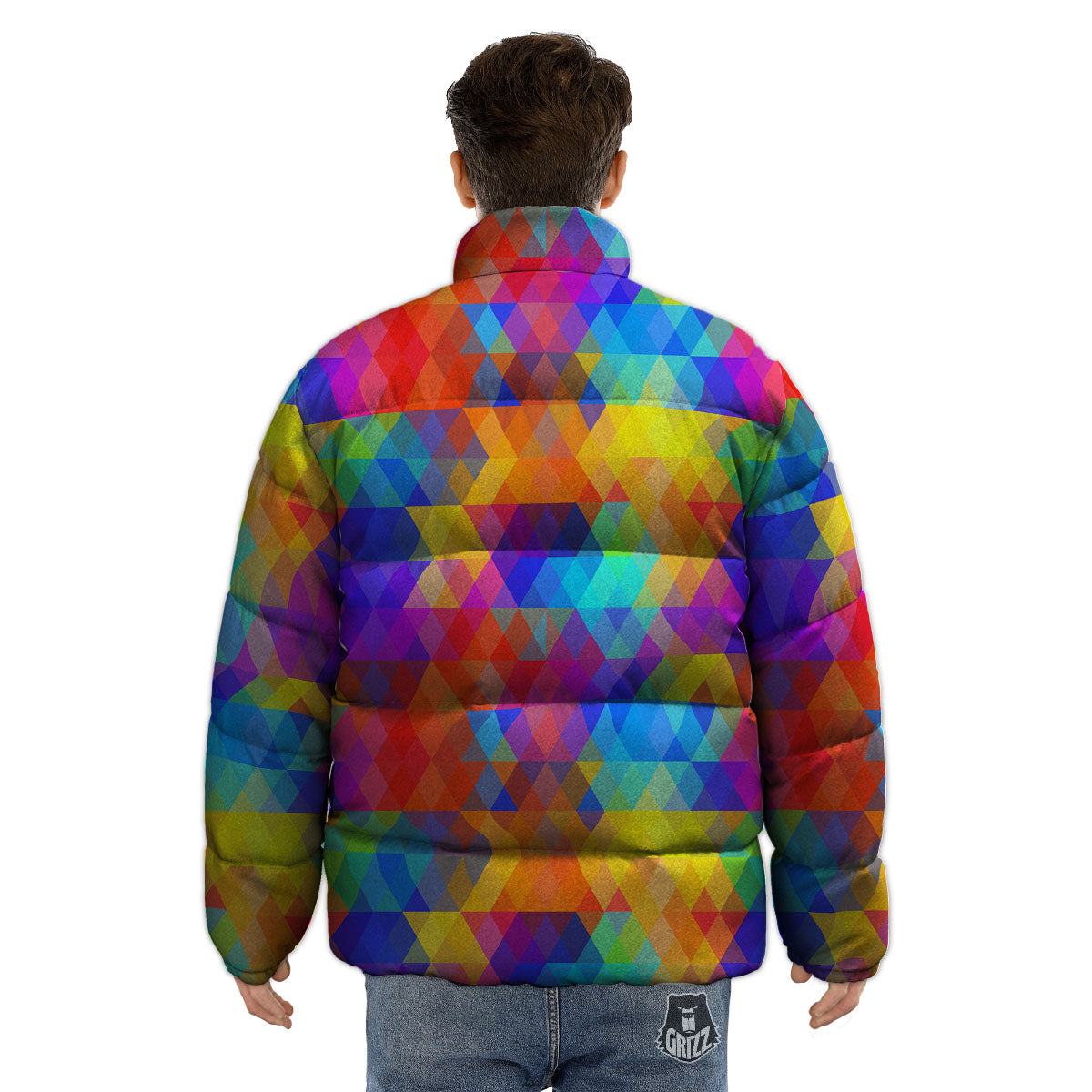 Rainbow Geometric Print Pattern Puffer Jacket-grizzshop