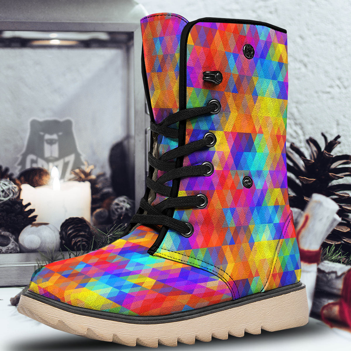 Rainbow Geometric Print Pattern Snow Boots-grizzshop