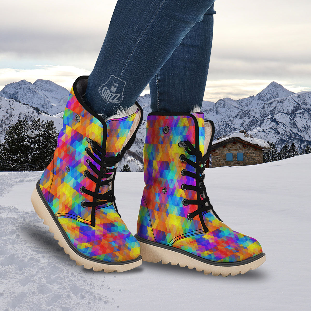 Rainbow Geometric Print Pattern Snow Boots-grizzshop