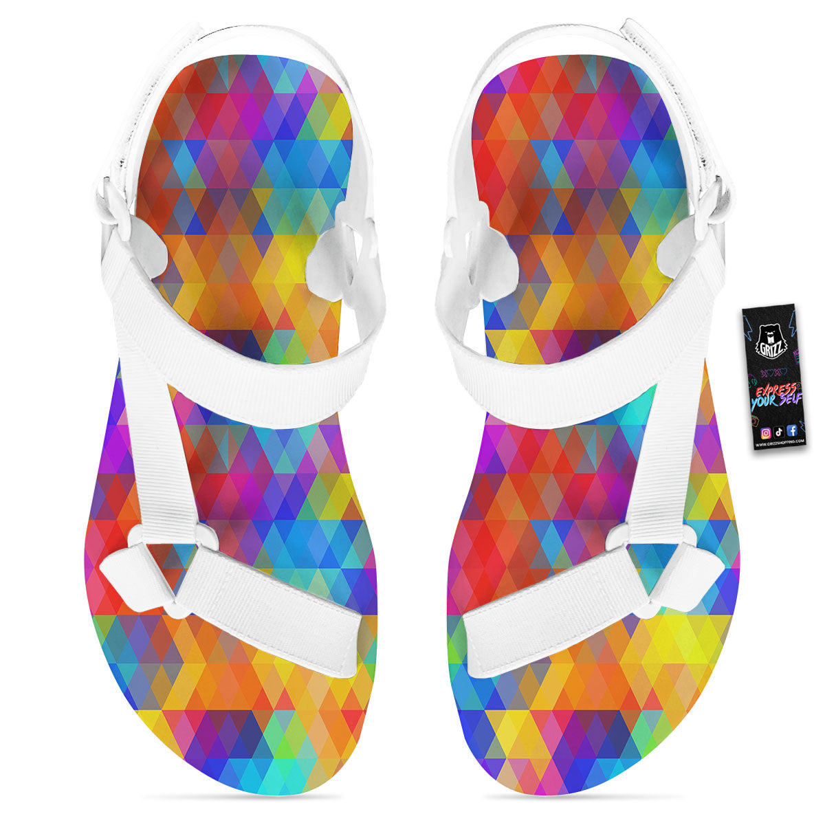 Rainbow Geometric Print Pattern White Open Toe Sandals-grizzshop