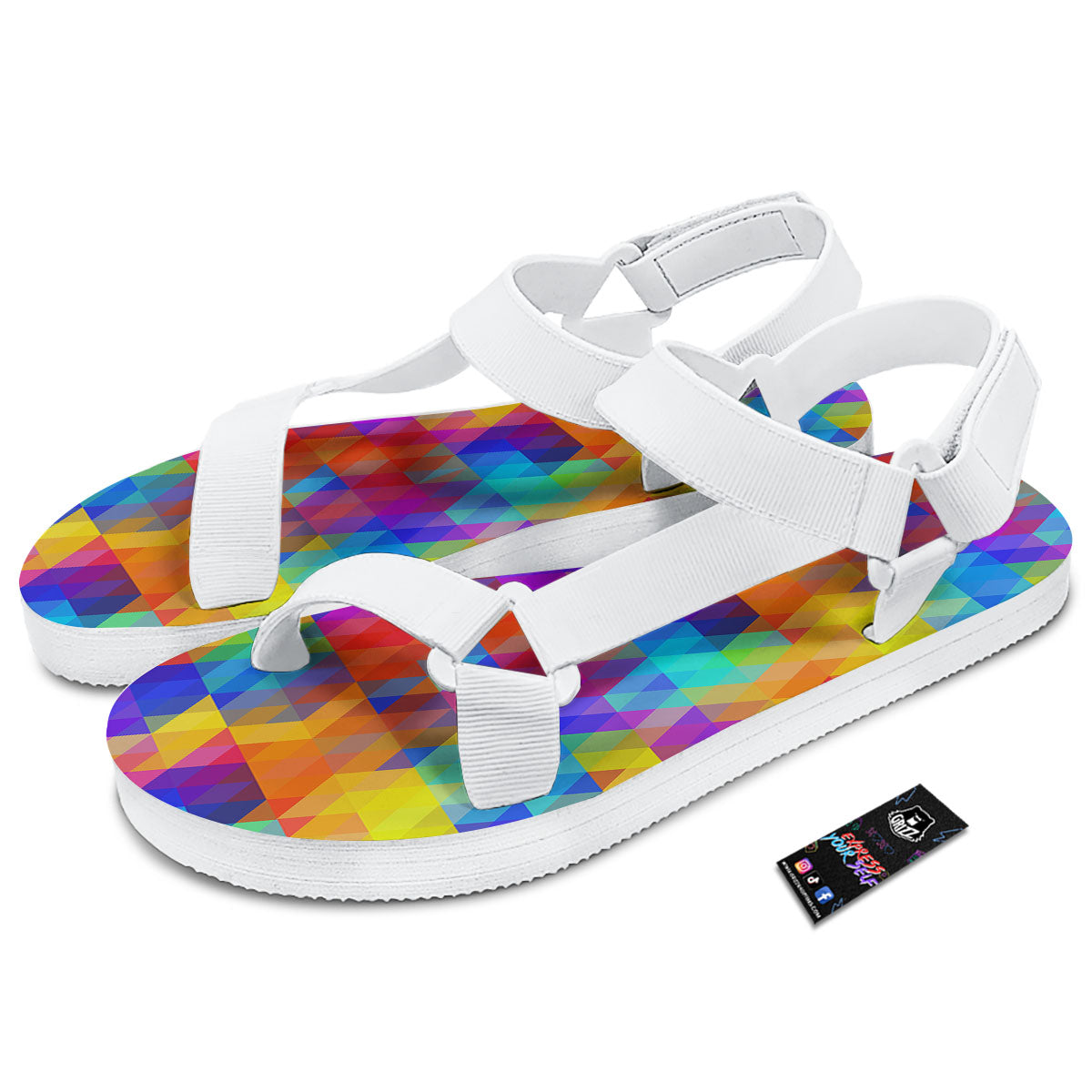 Rainbow Geometric Print Pattern White Open Toe Sandals-grizzshop