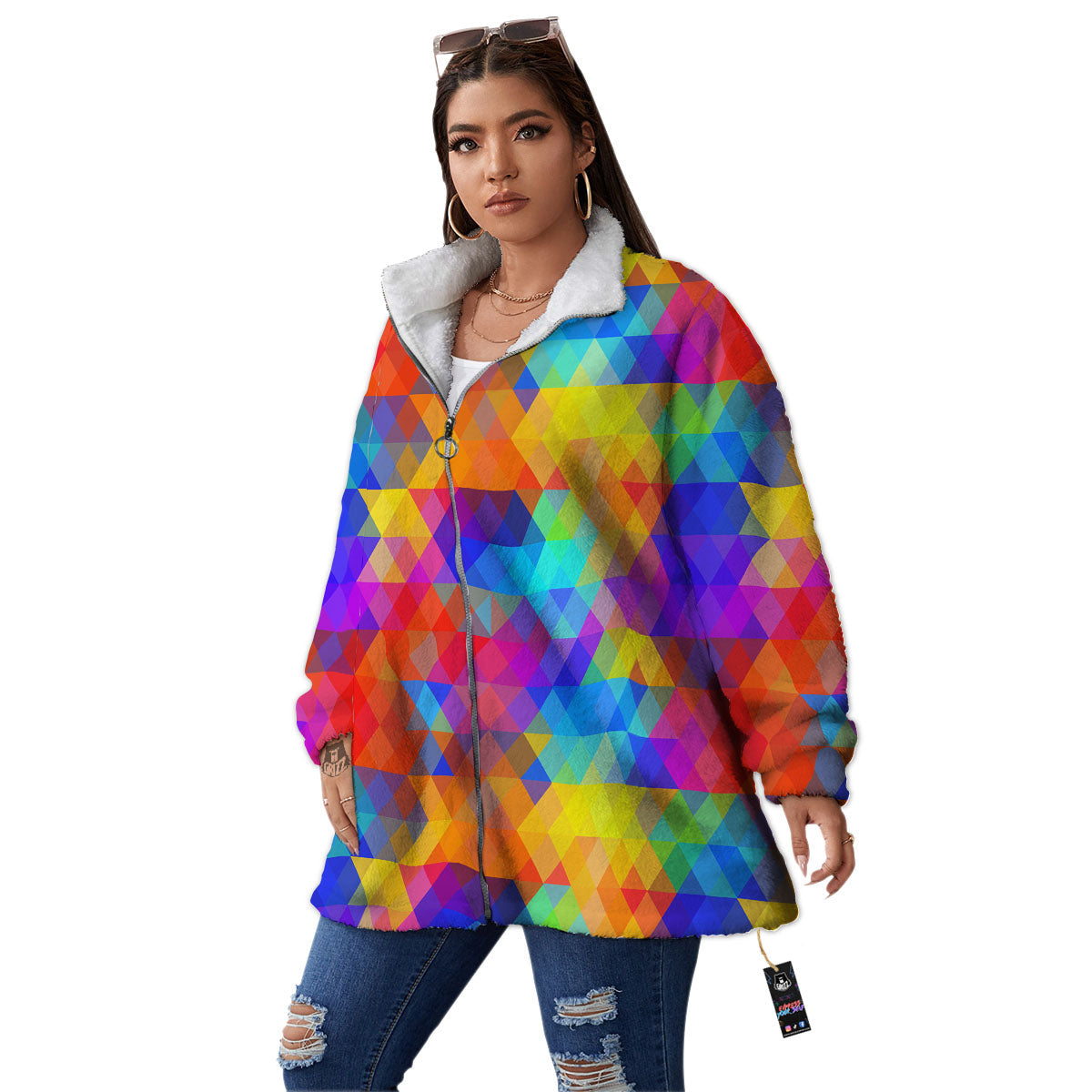 Rainbow Geometric Print Pattern Women's Sherpa Jacket-grizzshop
