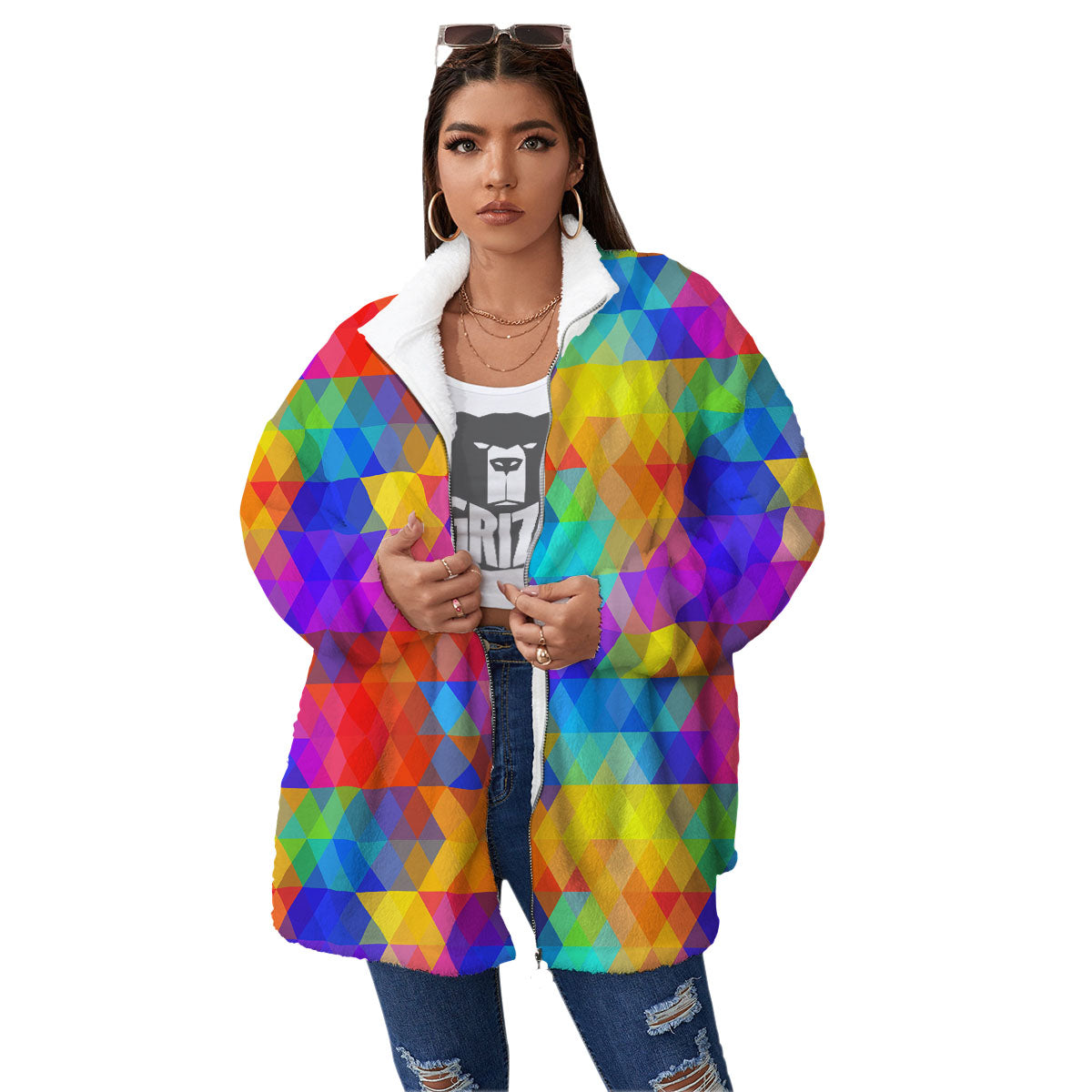 Rainbow Geometric Print Pattern Women's Sherpa Jacket-grizzshop