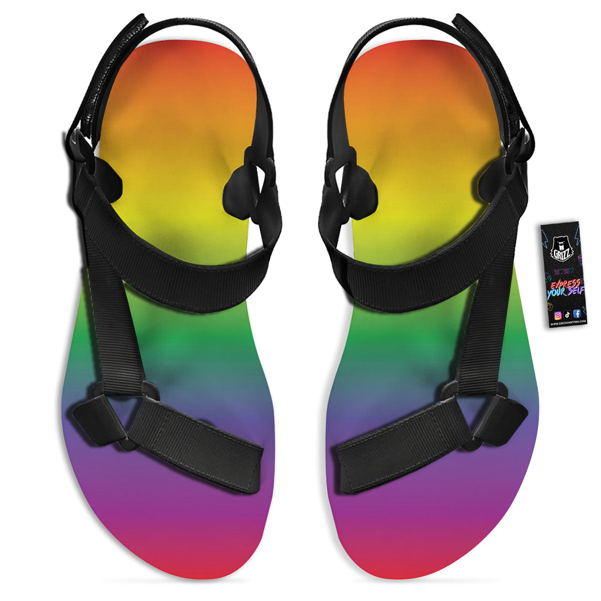 Rainbow Gradient LGBT Pride Print Black Open Toe Sandals-grizzshop