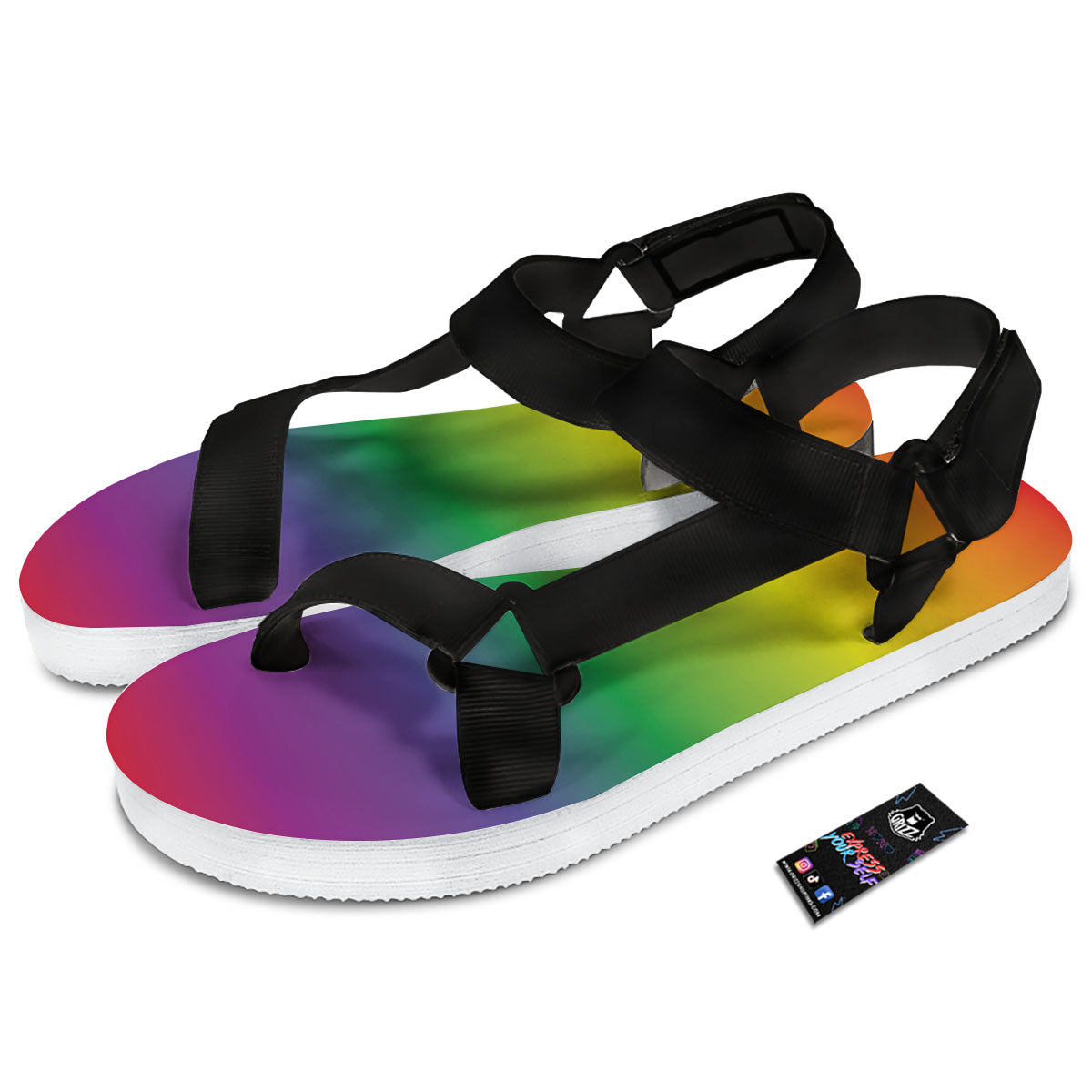 Rainbow Gradient LGBT Pride Print Black Open Toe Sandals-grizzshop