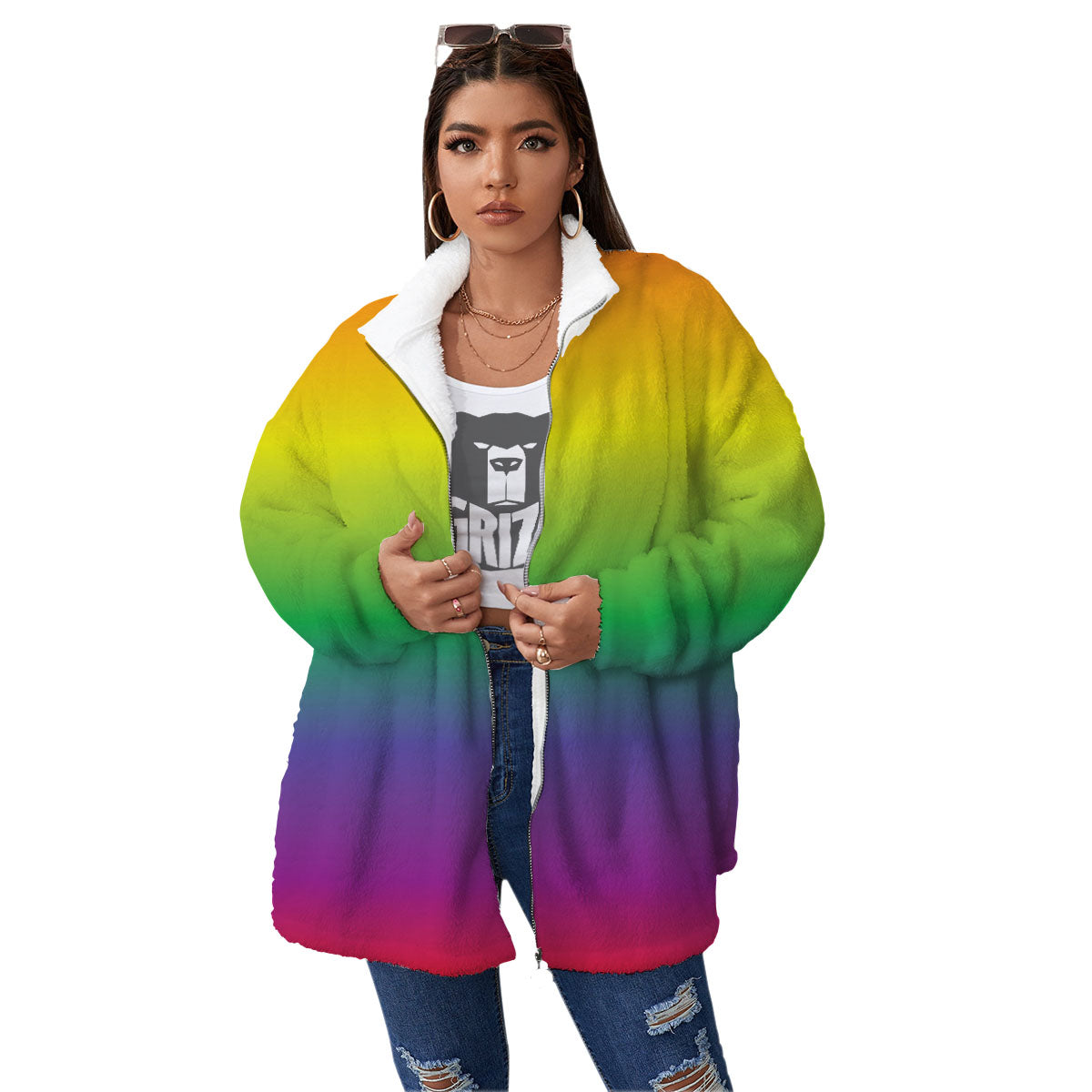 Rainbow Gradient LGBT Pride Print Women's Sherpa Jacket-grizzshop