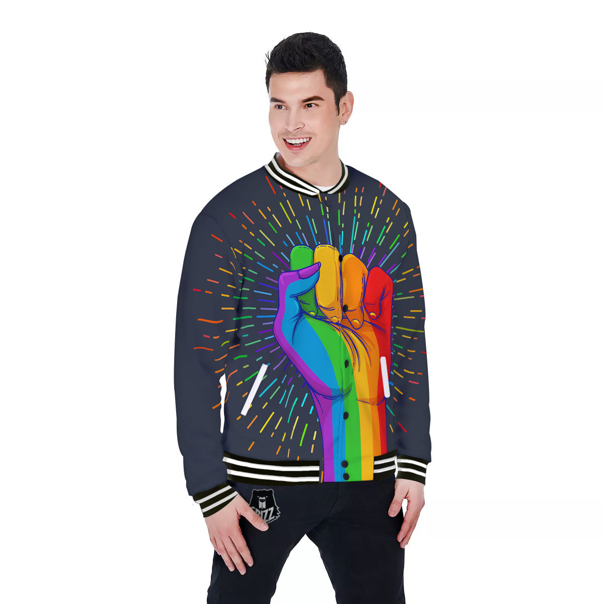 Rainbow Hand LGBT Pride Print Baseball Jacket-grizzshop