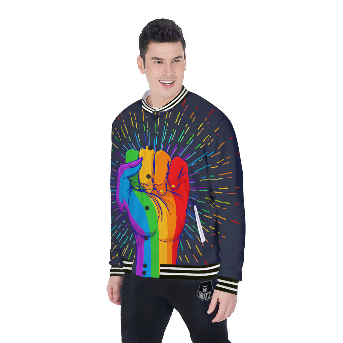 Rainbow Hand LGBT Pride Print Baseball Jacket-grizzshop