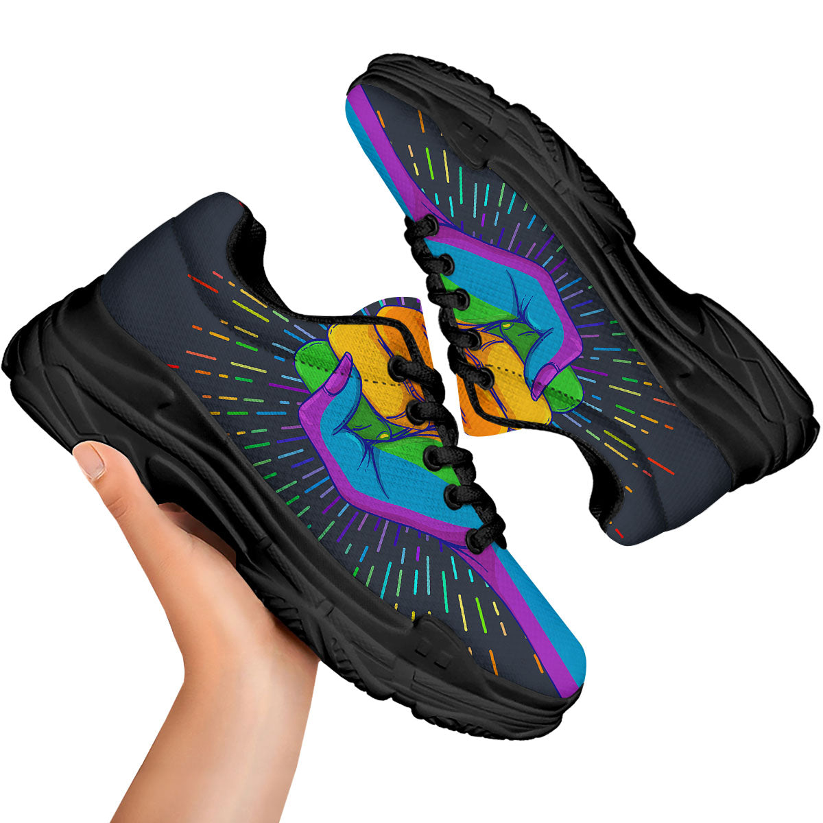 Rainbow Hand LGBT Pride Print Black Chunky Shoes-grizzshop