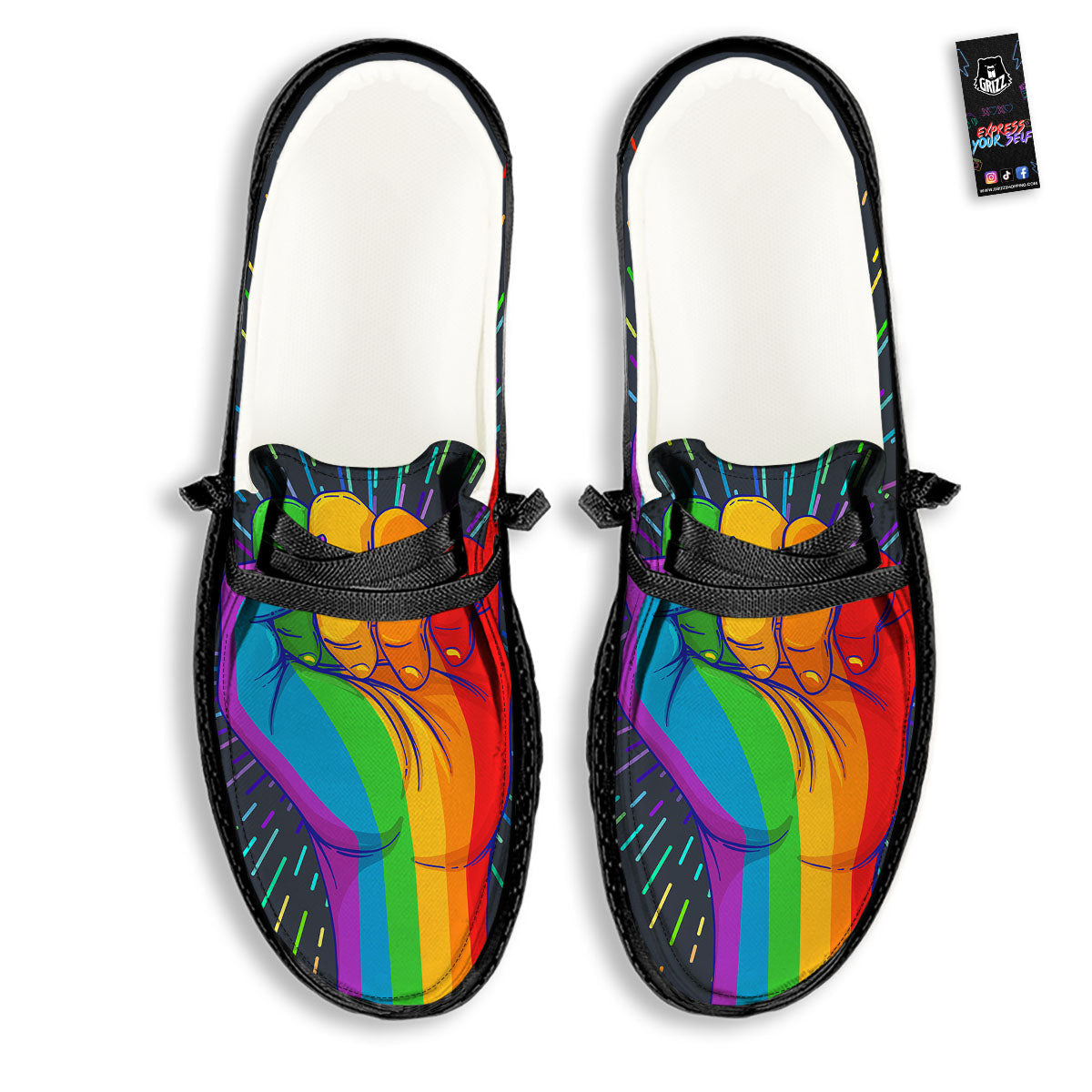 Rainbow Hand LGBT Pride Print Black Loafers-grizzshop