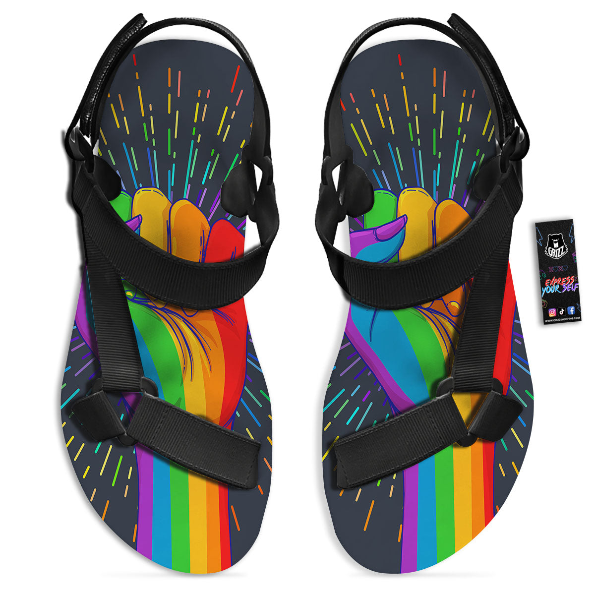 Rainbow Hand LGBT Pride Print Black Open Toe Sandals-grizzshop