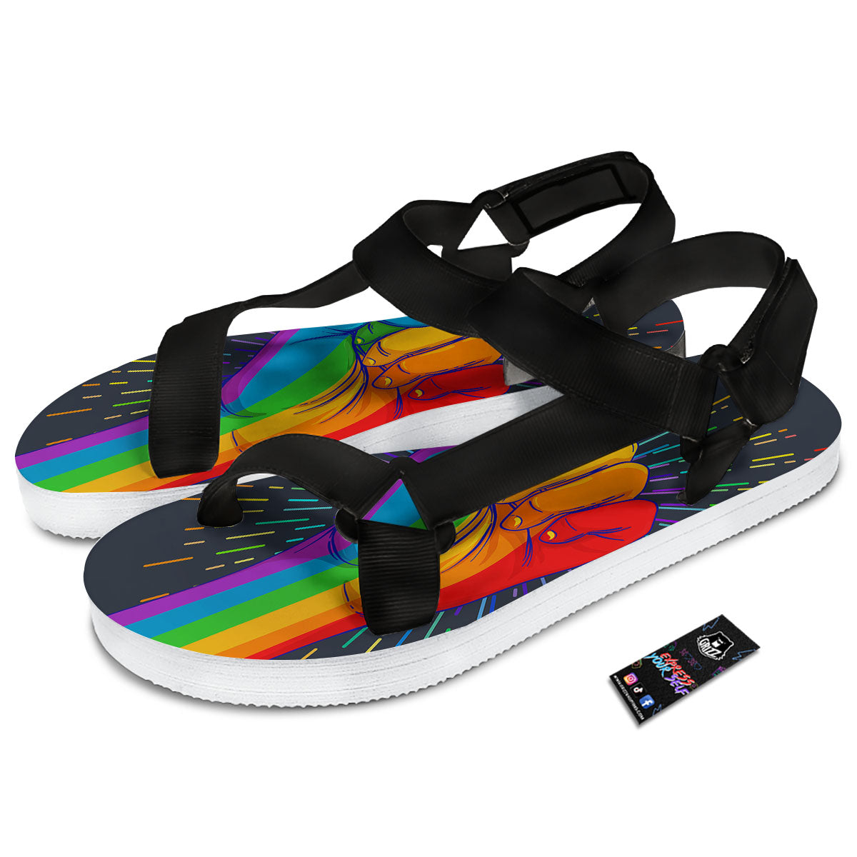 Rainbow Hand LGBT Pride Print Black Open Toe Sandals-grizzshop