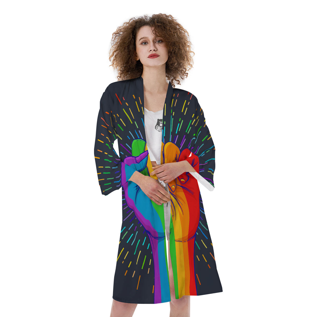 Rainbow Hand LGBT Pride Print Kimono-grizzshop