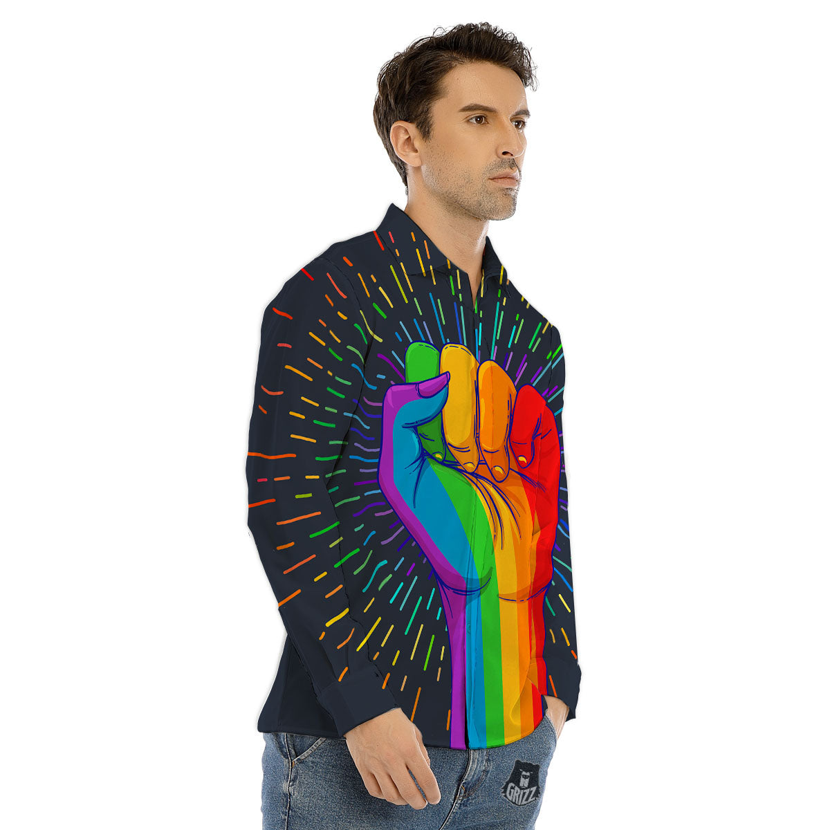 Rainbow Hand LGBT Pride Print Men's Dress Shirts-grizzshop