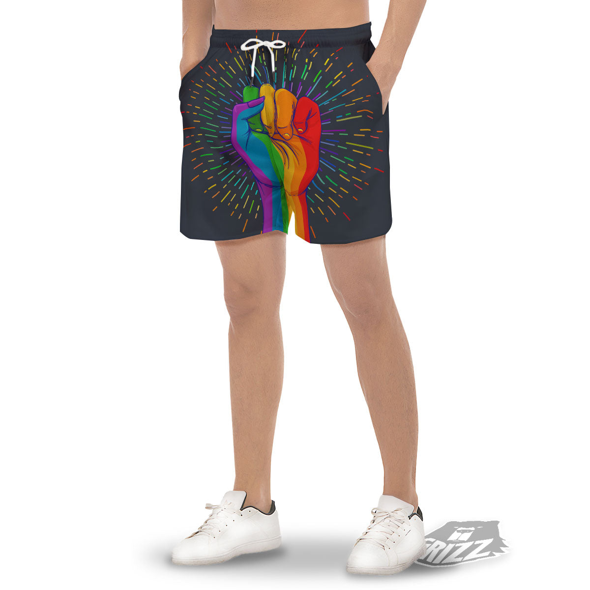 Rainbow Hand LGBT Pride Print Men's Gym Shorts-grizzshop