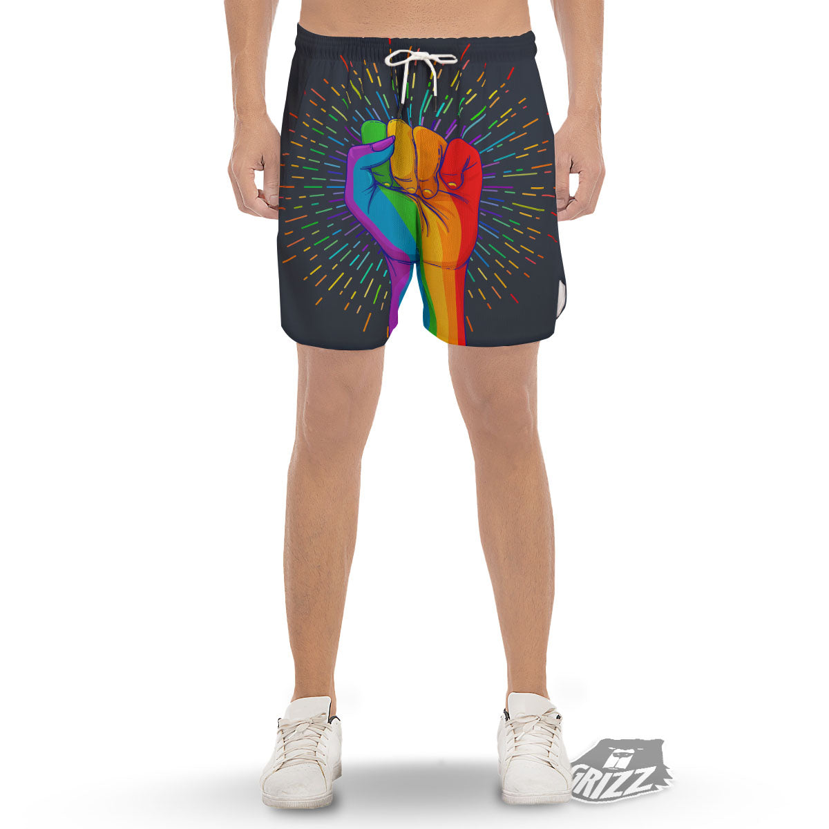 Rainbow Hand LGBT Pride Print Men's Gym Shorts-grizzshop