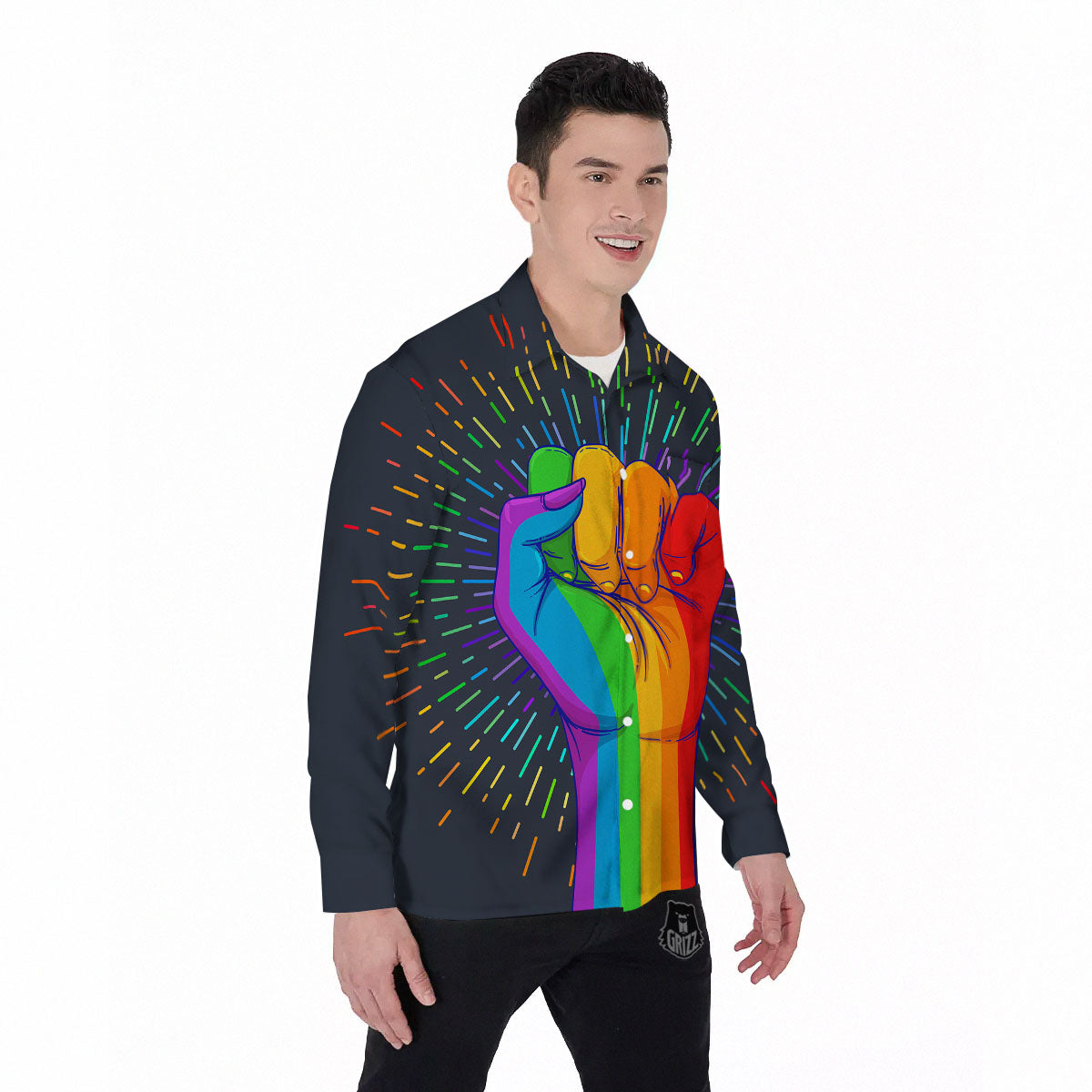 Rainbow Hand LGBT Pride Print Men's Long Sleeve Shirts-grizzshop