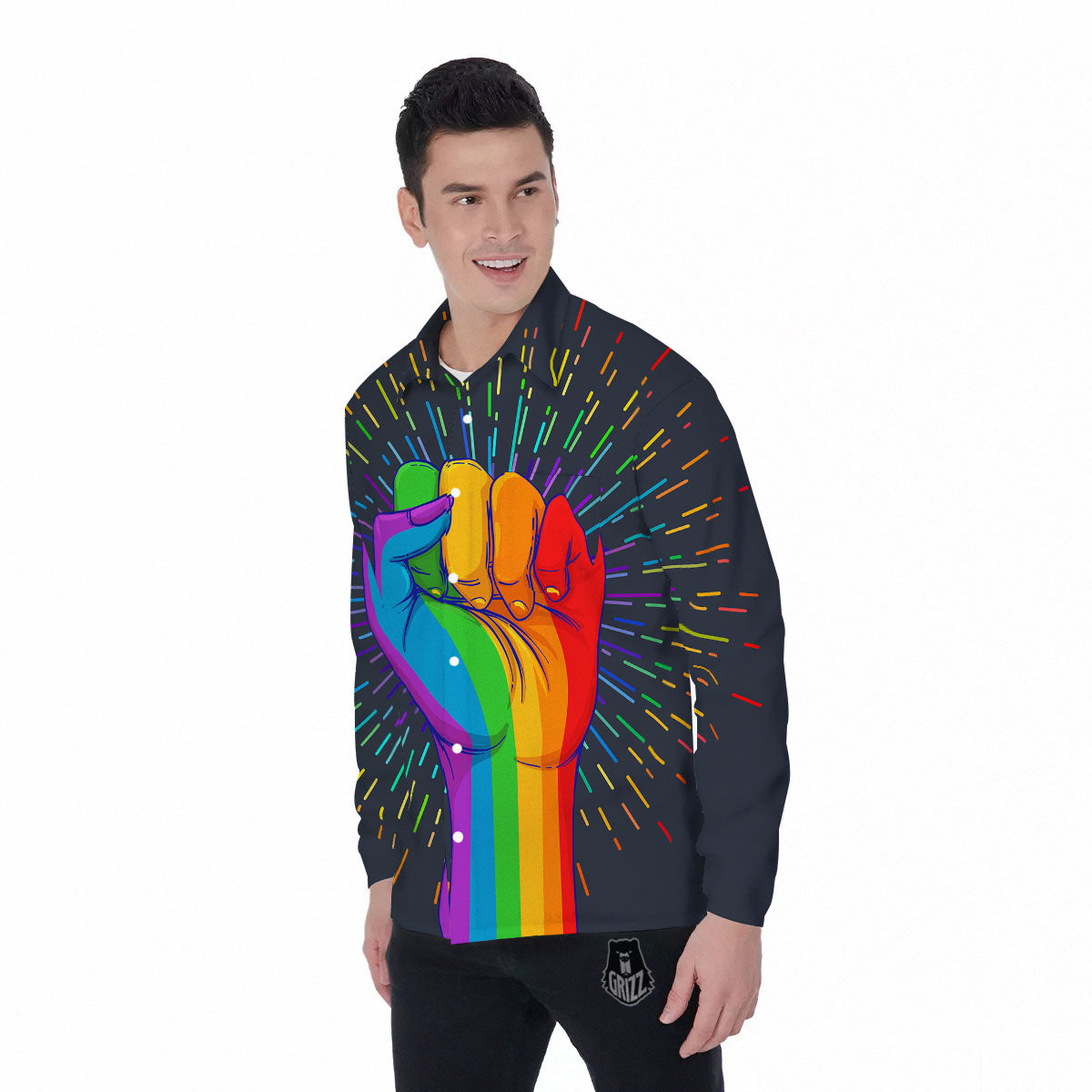 Rainbow Hand LGBT Pride Print Men's Long Sleeve Shirts-grizzshop