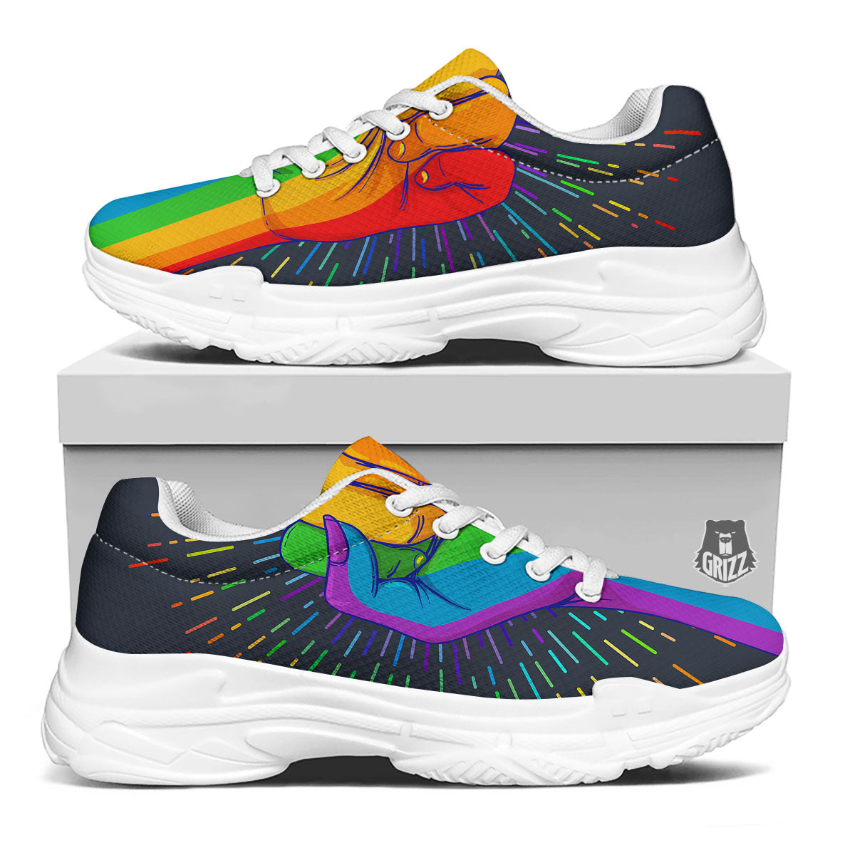 Rainbow Hand LGBT Pride Print White Chunky Shoes-grizzshop