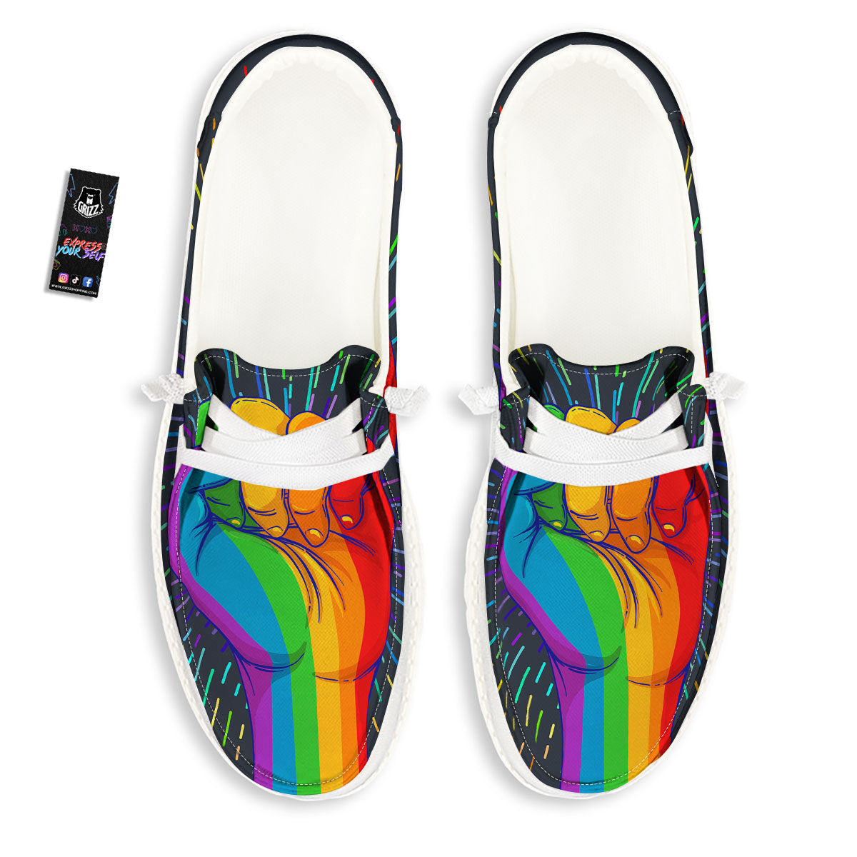 Rainbow Hand LGBT Pride Print White Loafers-grizzshop