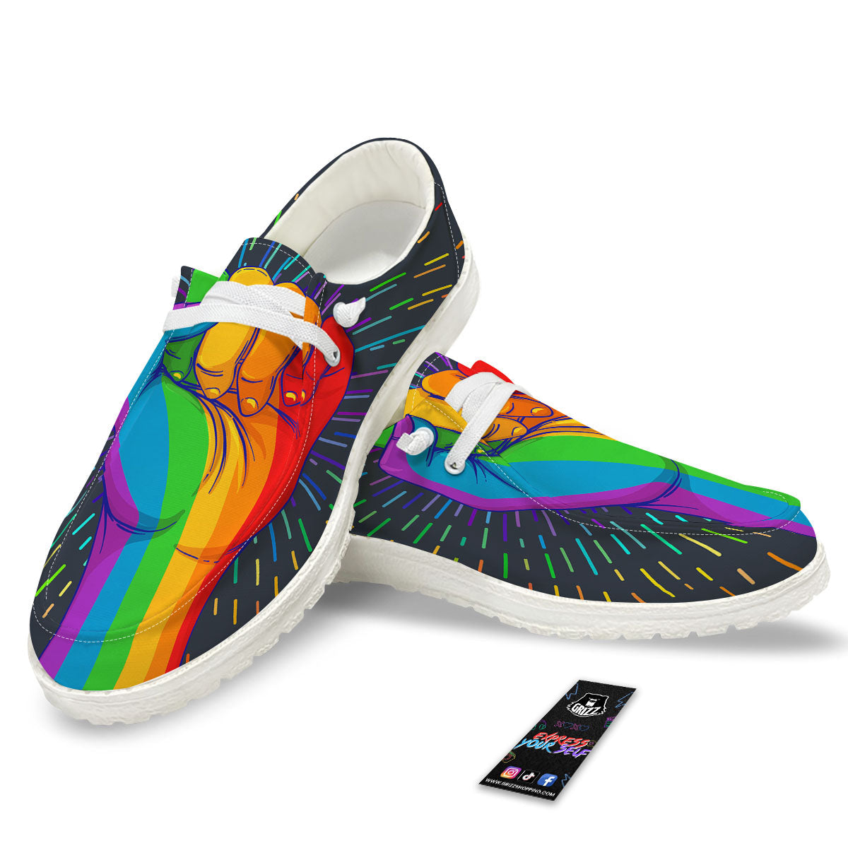 Rainbow Hand LGBT Pride Print White Loafers-grizzshop